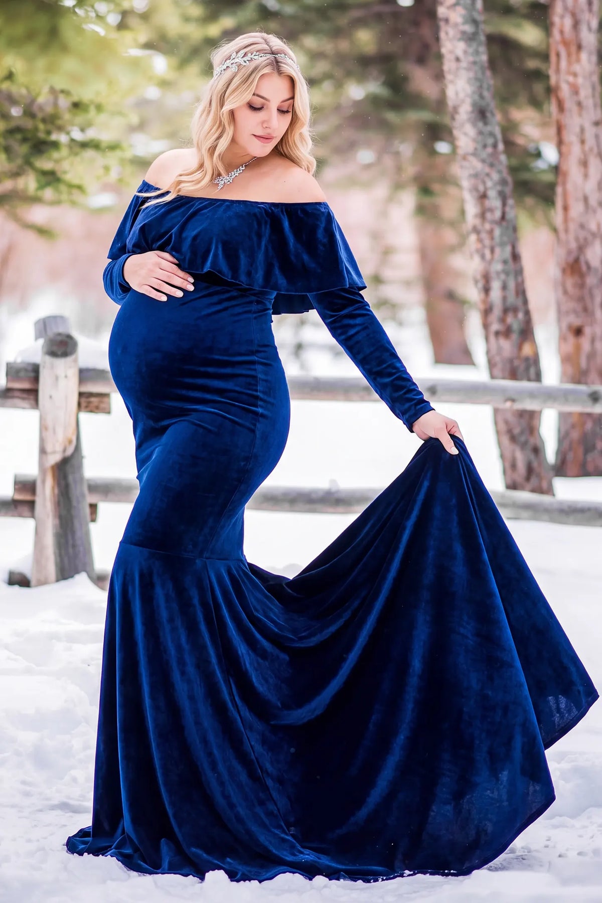 Velvet Off Shoulder Long Sleeve Maternity Mermaid Gown