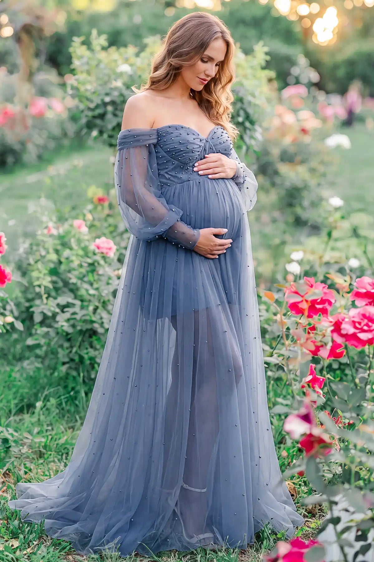 Off-Shoulder Empire Waist Tulle Maternity Gown
