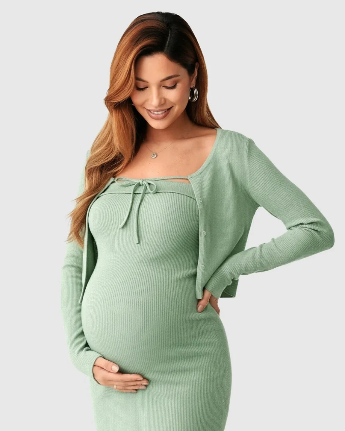 Knitted Two-Piece Bodycon Maternity Midi Dress Set