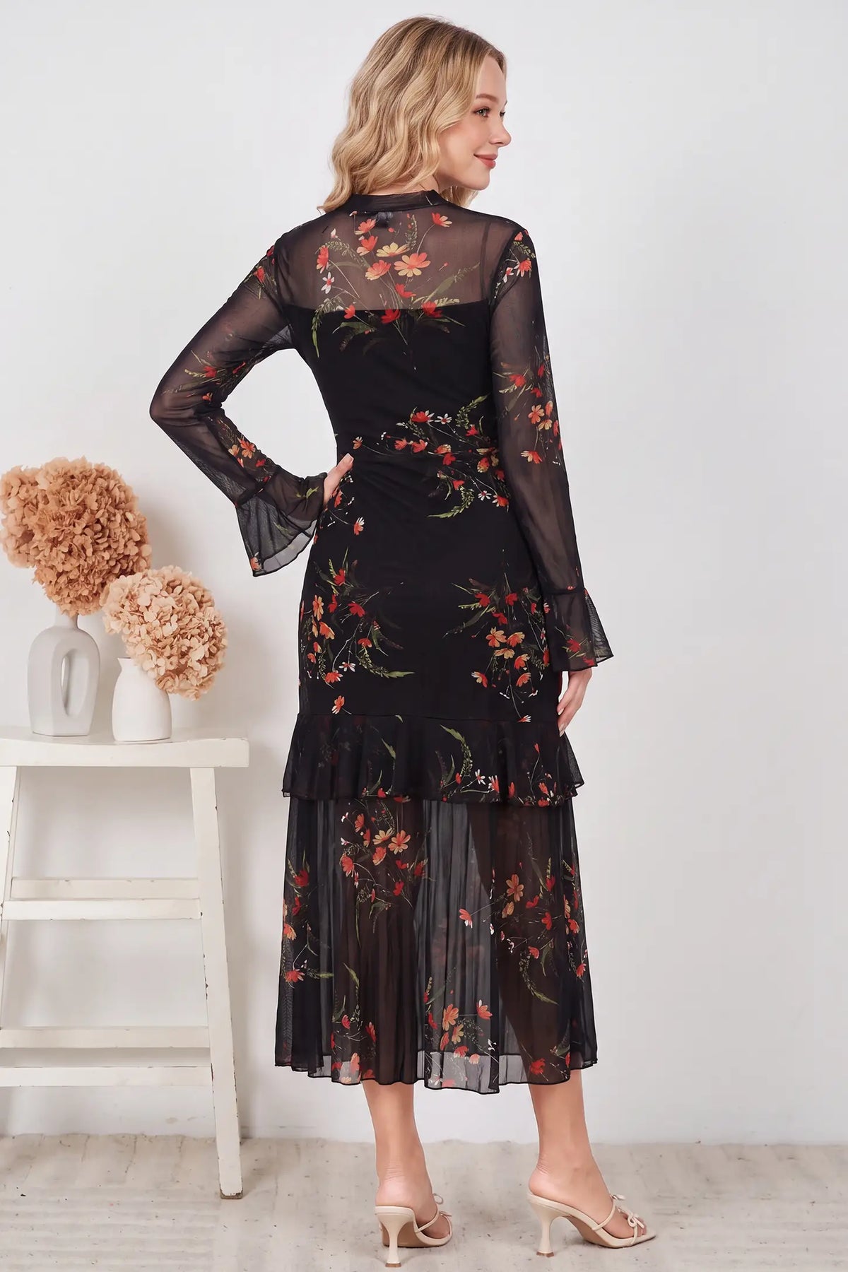 High Neck Long Sleeve Mesh Floral Maternity Dress