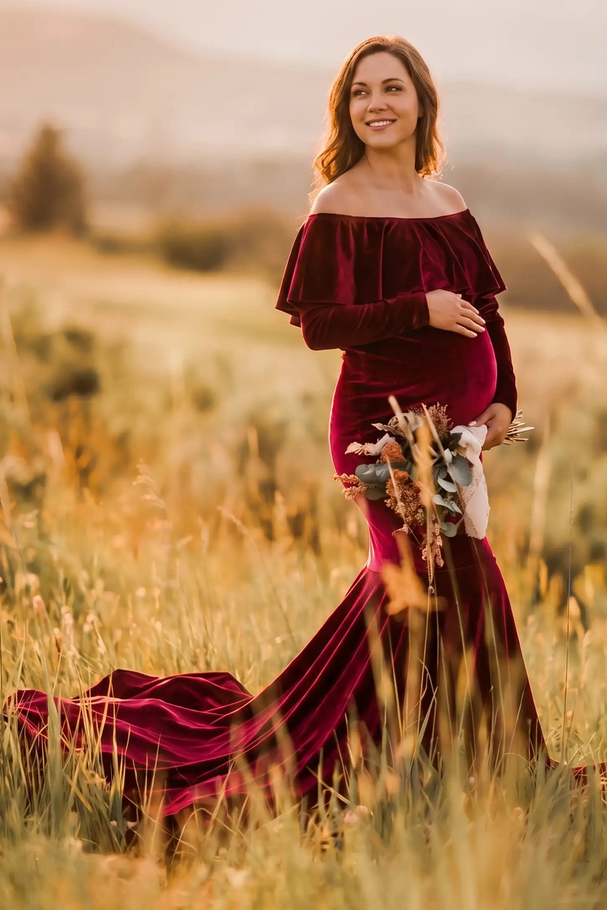 Velvet Off Shoulder Long Sleeve Maternity Mermaid Gown