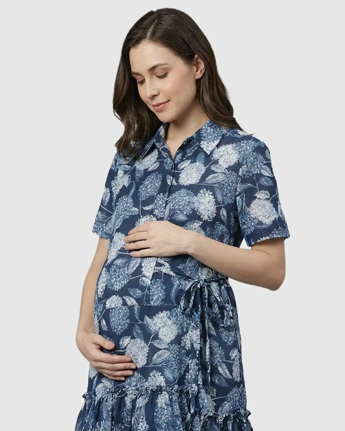Floral-Lapel Casual Maternity Midi Dress