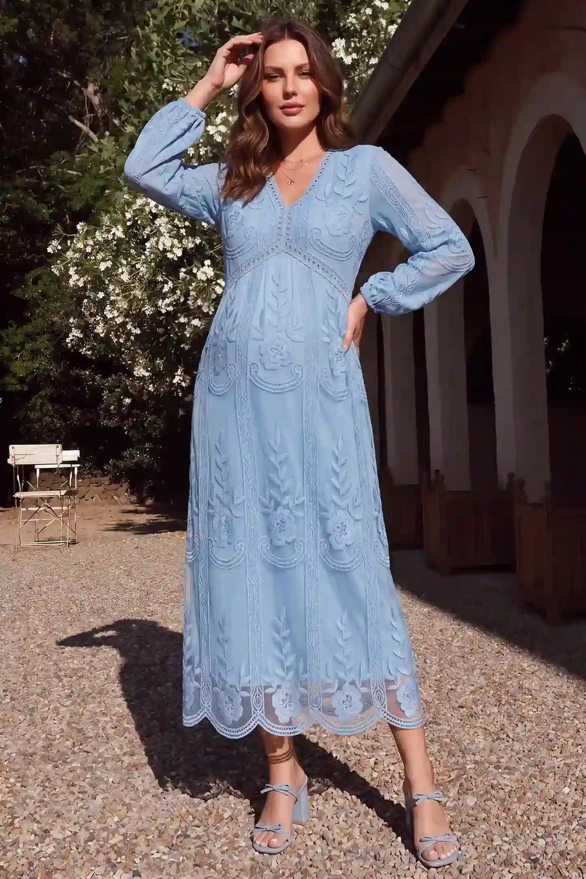 V-Neck Long Sleeve Lace Maternity Dress