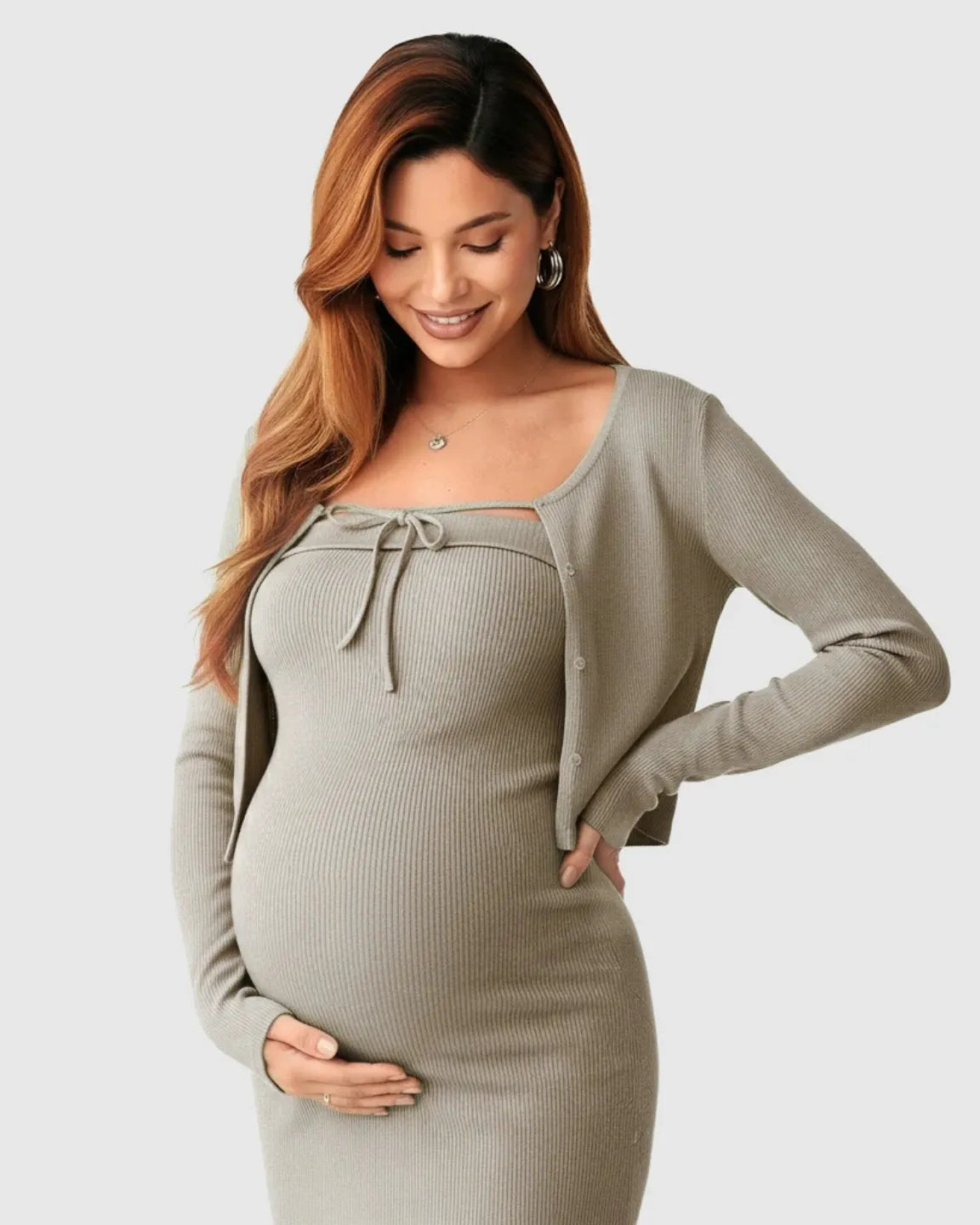 Knitted Two-Piece Bodycon Maternity Midi Dress Set