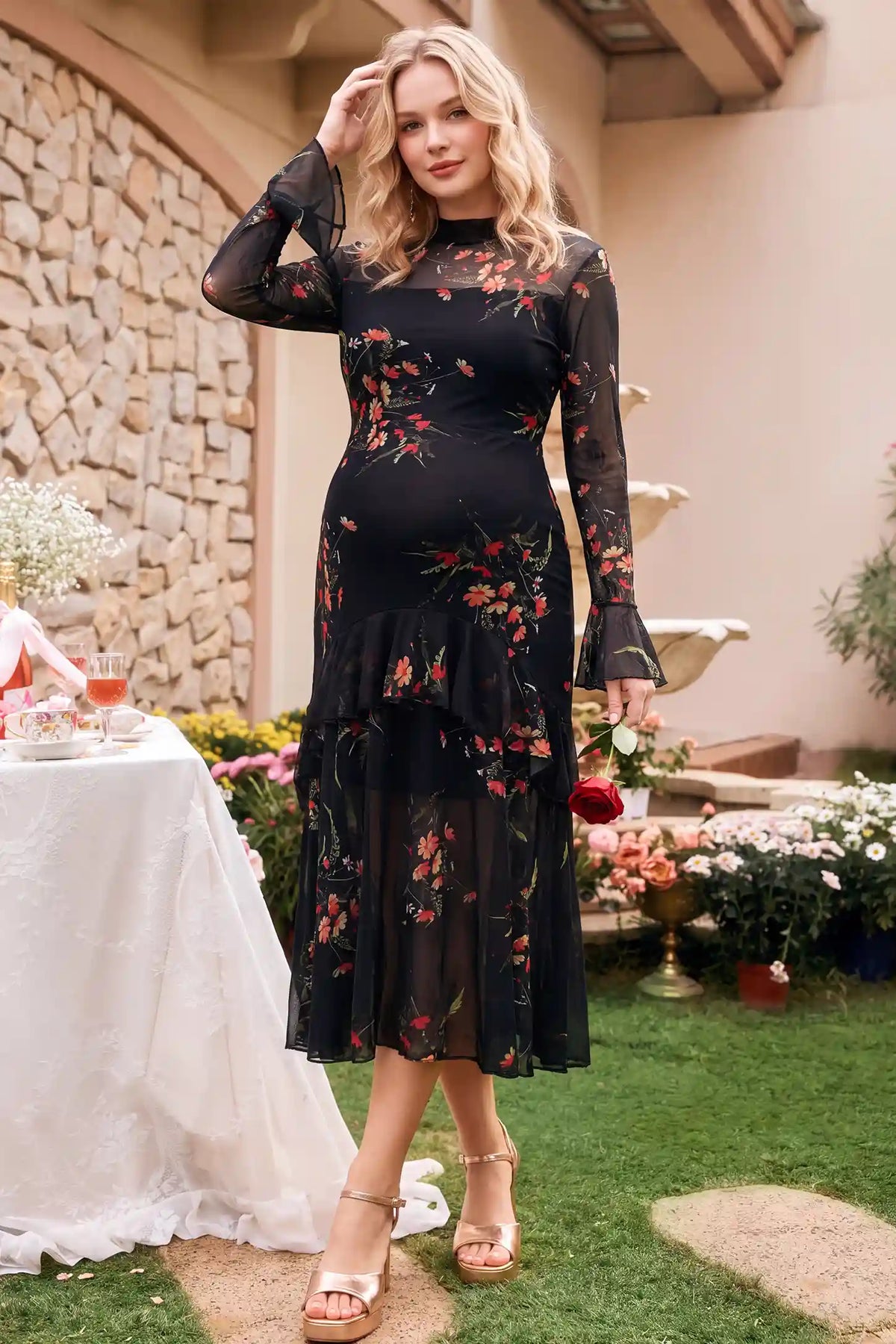 High Neck Long Sleeve Mesh Floral Maternity Dress