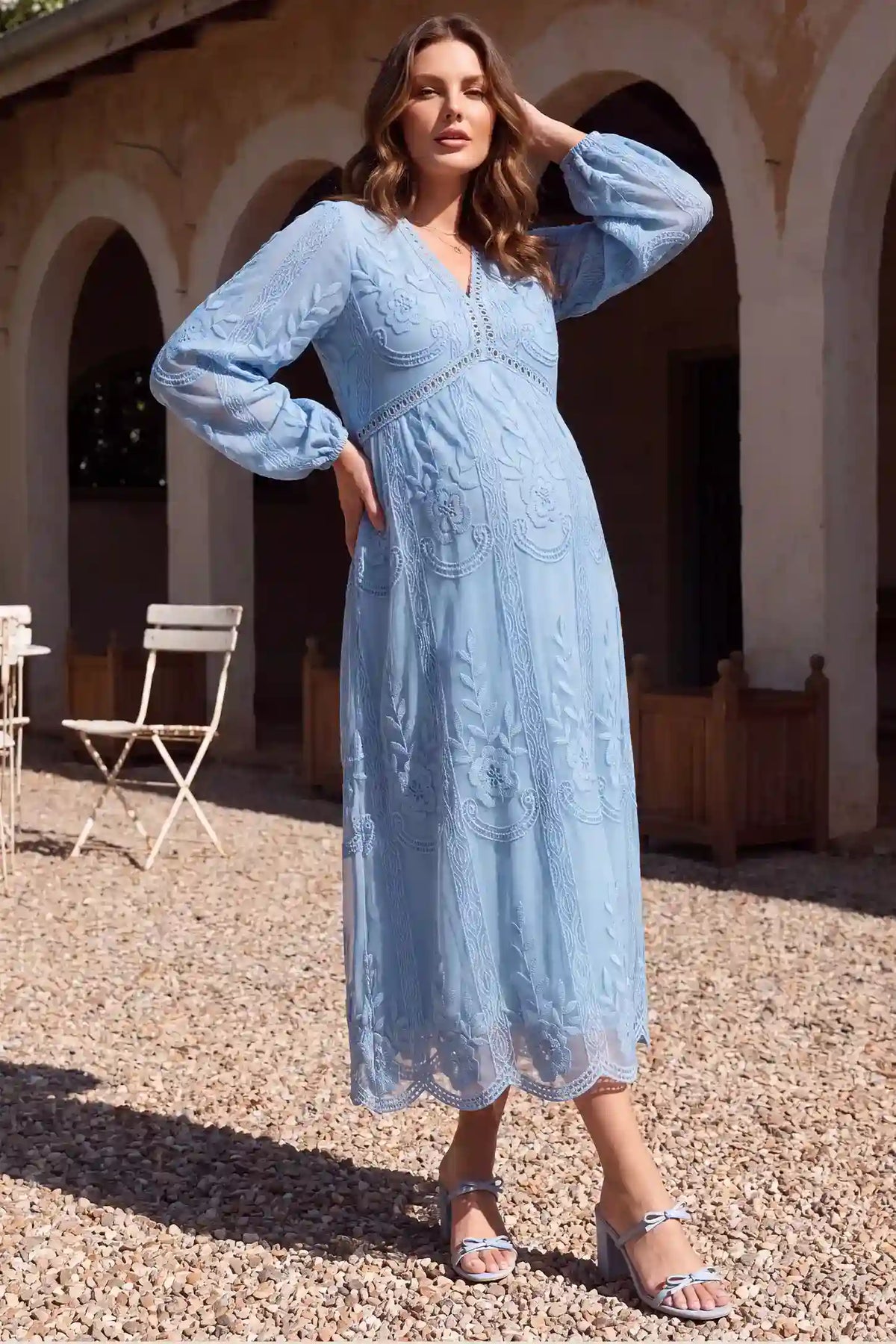 V-Neck Long Sleeve Lace Maternity Dress