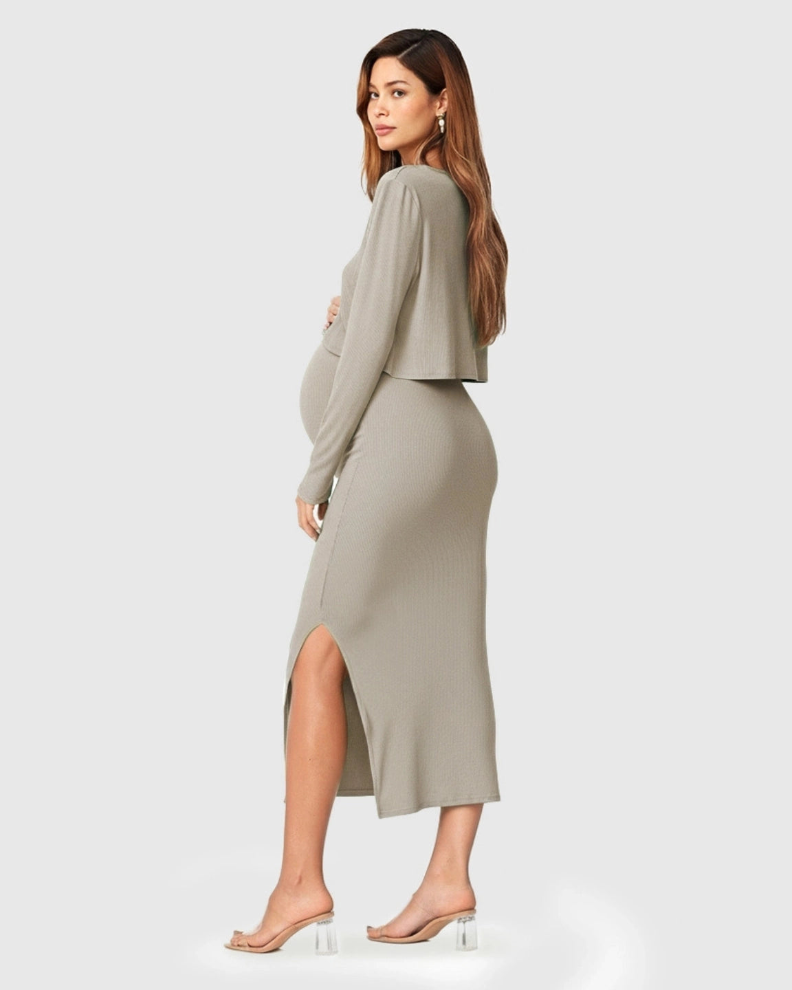 Knitted Two-Piece Bodycon Maternity Midi Dress Set