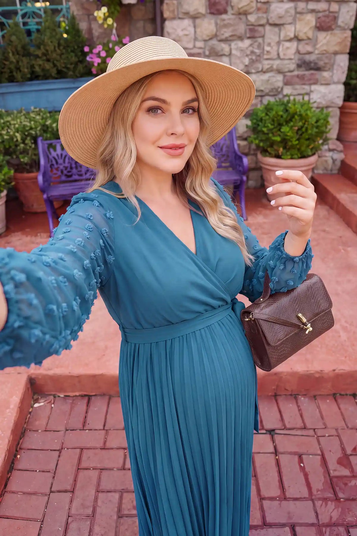 V Neck Mesh Sleeve Pleated Maternity Maxi Dress