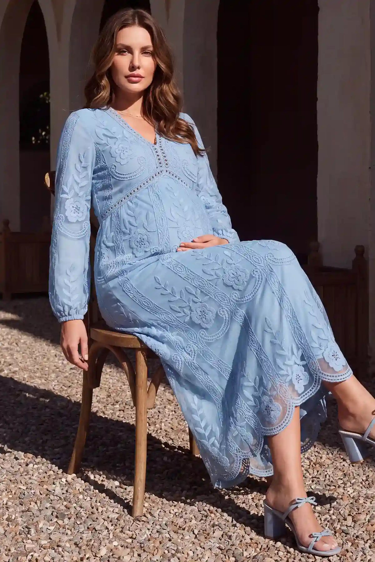 V-Neck Long Sleeve Lace Maternity Dress