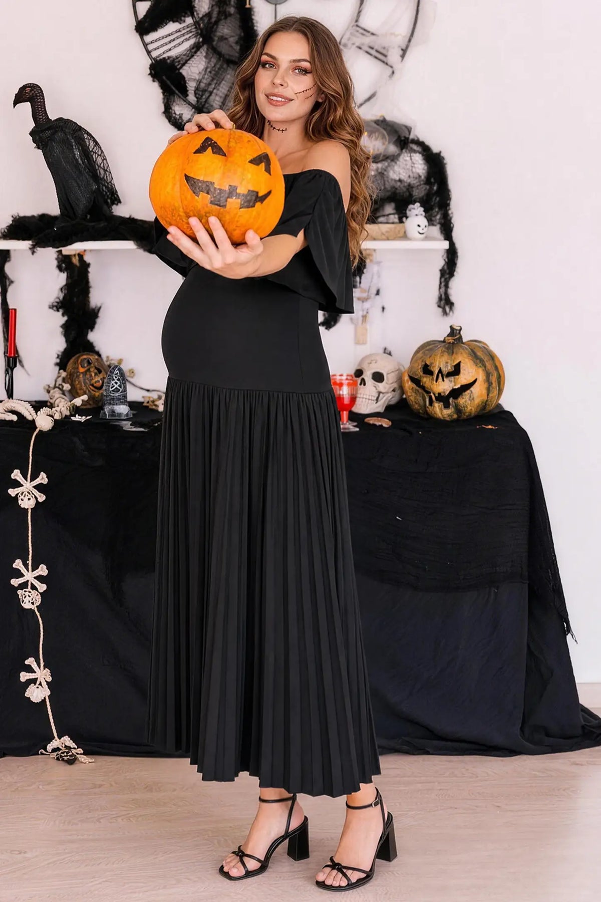 Pleated Off Shoulder Maternity Maxi Dress