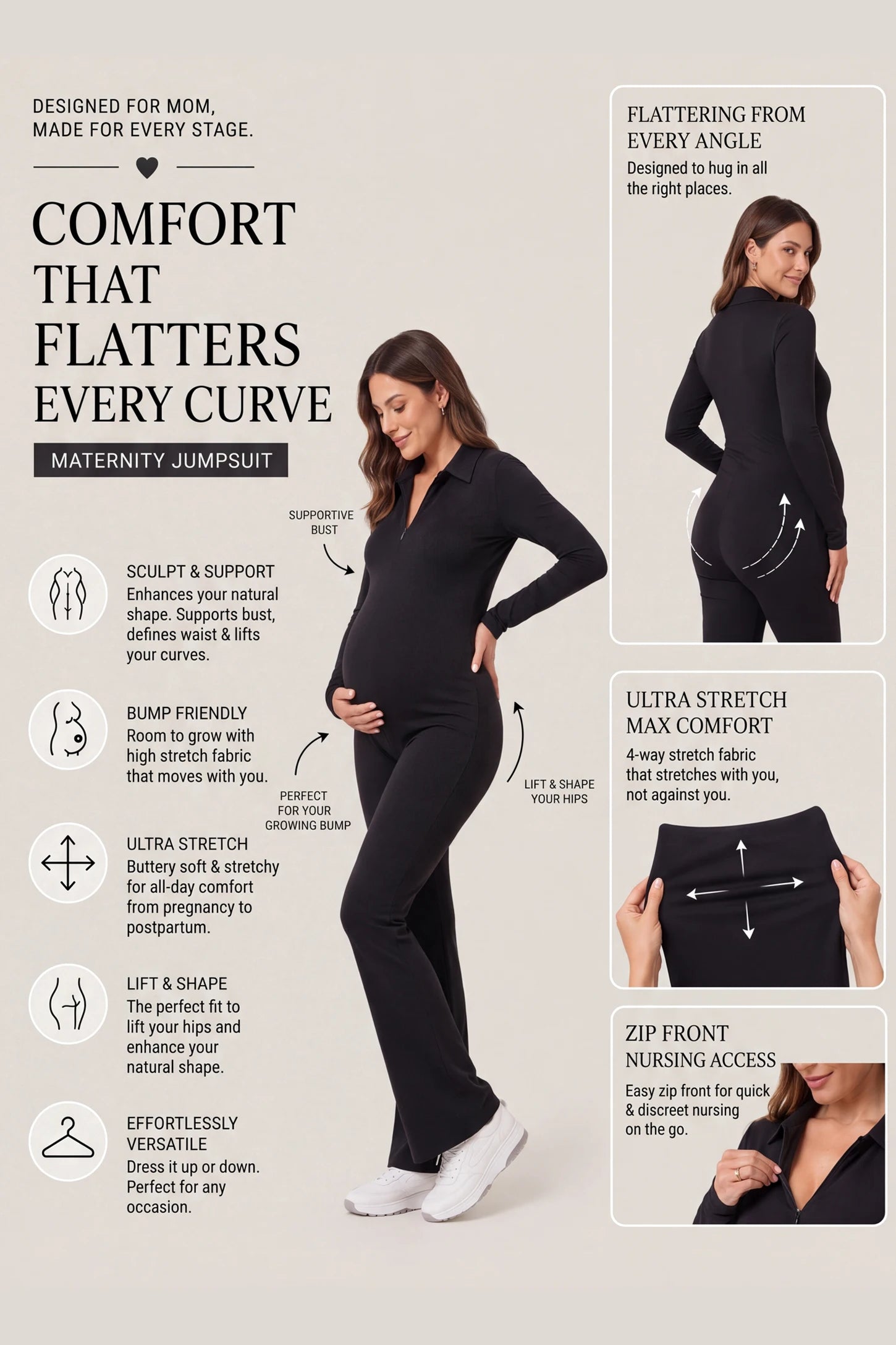 Collared Zip-Front Flared Maternity Jumpsuit