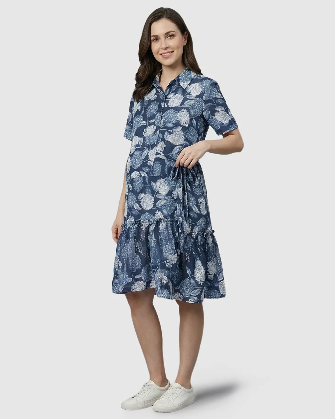 Floral-Lapel Casual Maternity Midi Dress