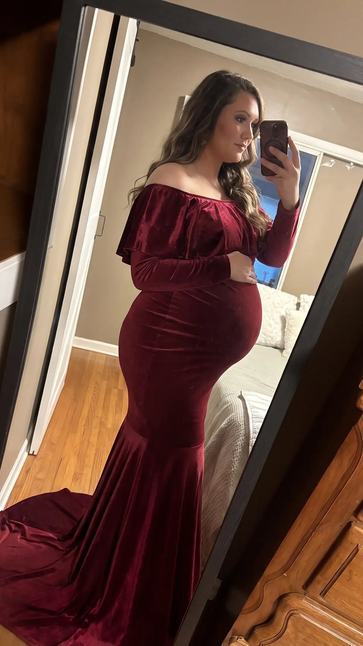 Velvet Off Shoulder Long Sleeve Maternity Mermaid Gown