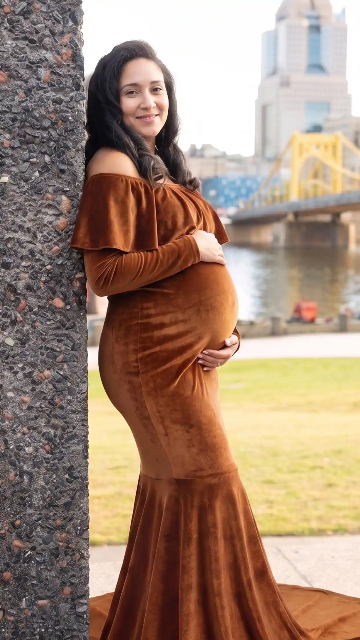 Velvet Off Shoulder Long Sleeve Maternity Mermaid Gown