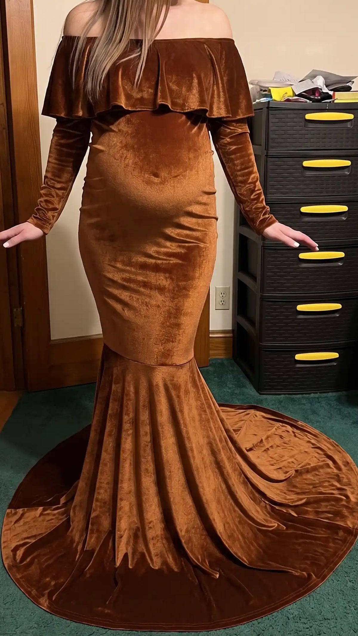 Velvet Off Shoulder Long Sleeve Maternity Mermaid Gown
