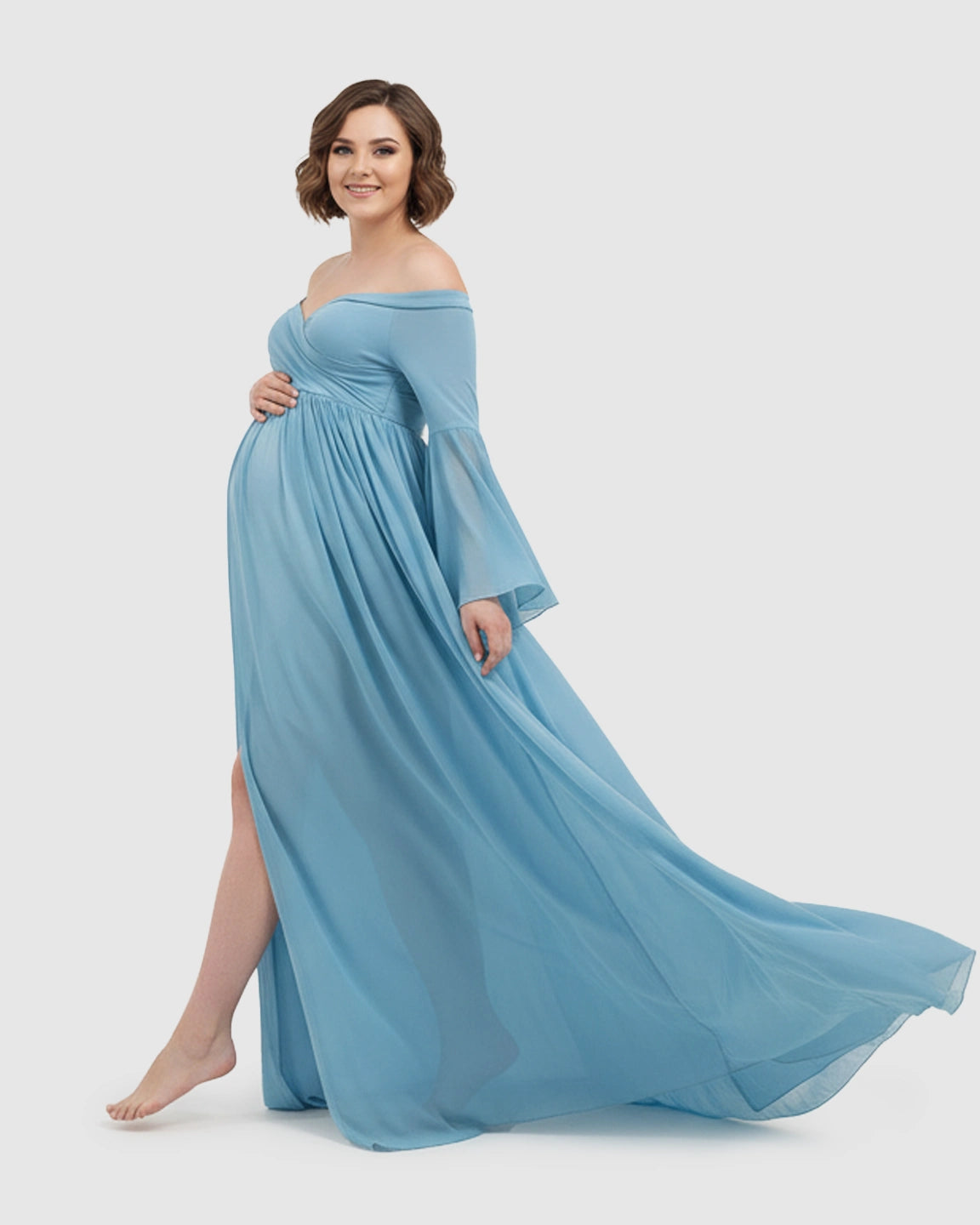 Bell Sleeves Super Long Train Maternity Photoshoot Gown