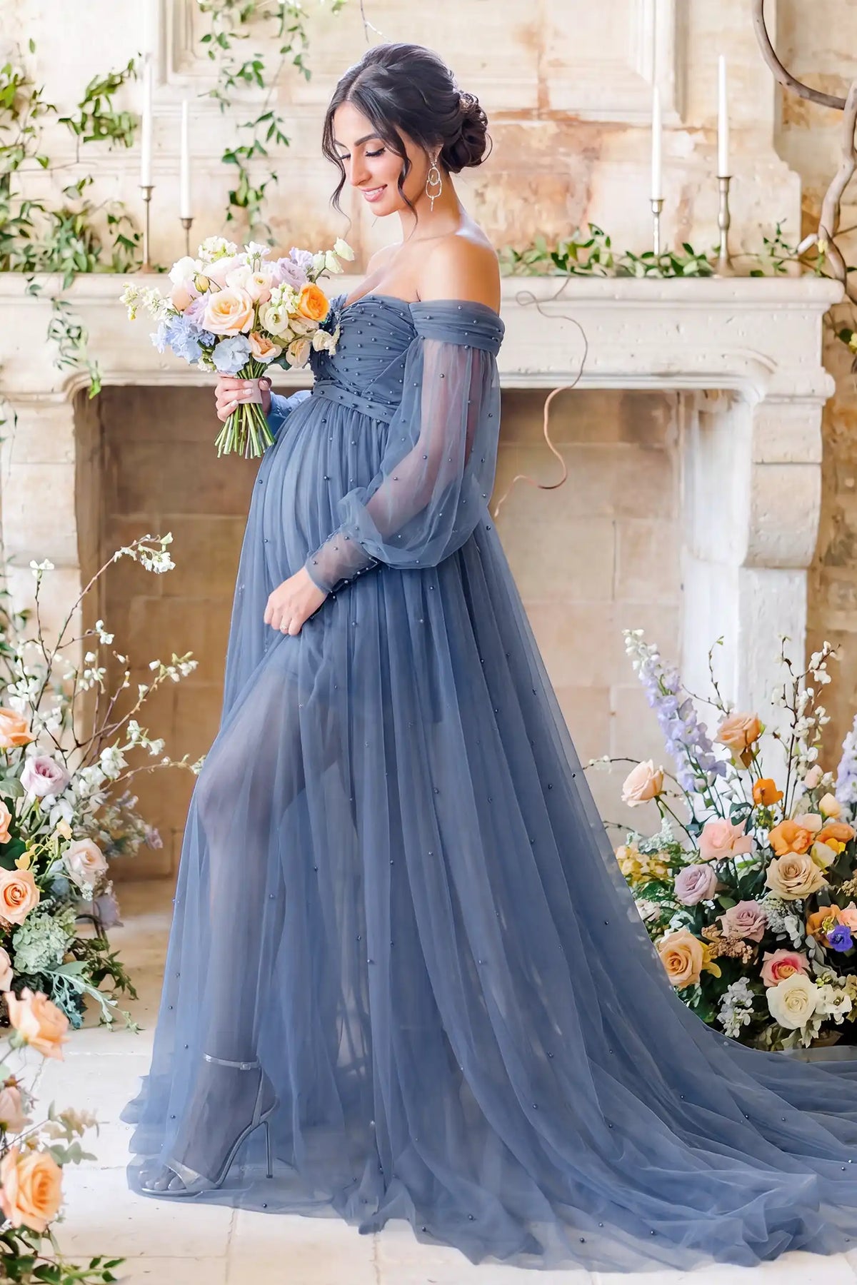 Off-Shoulder Empire Waist Tulle Maternity Gown