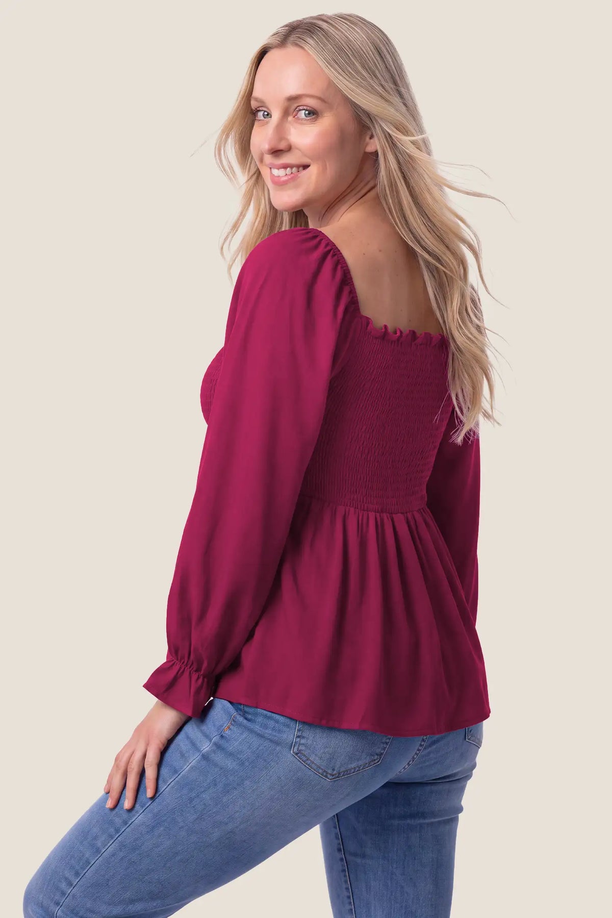 Smocked Convertible Neckline Bishop Sleeve Maternity Top