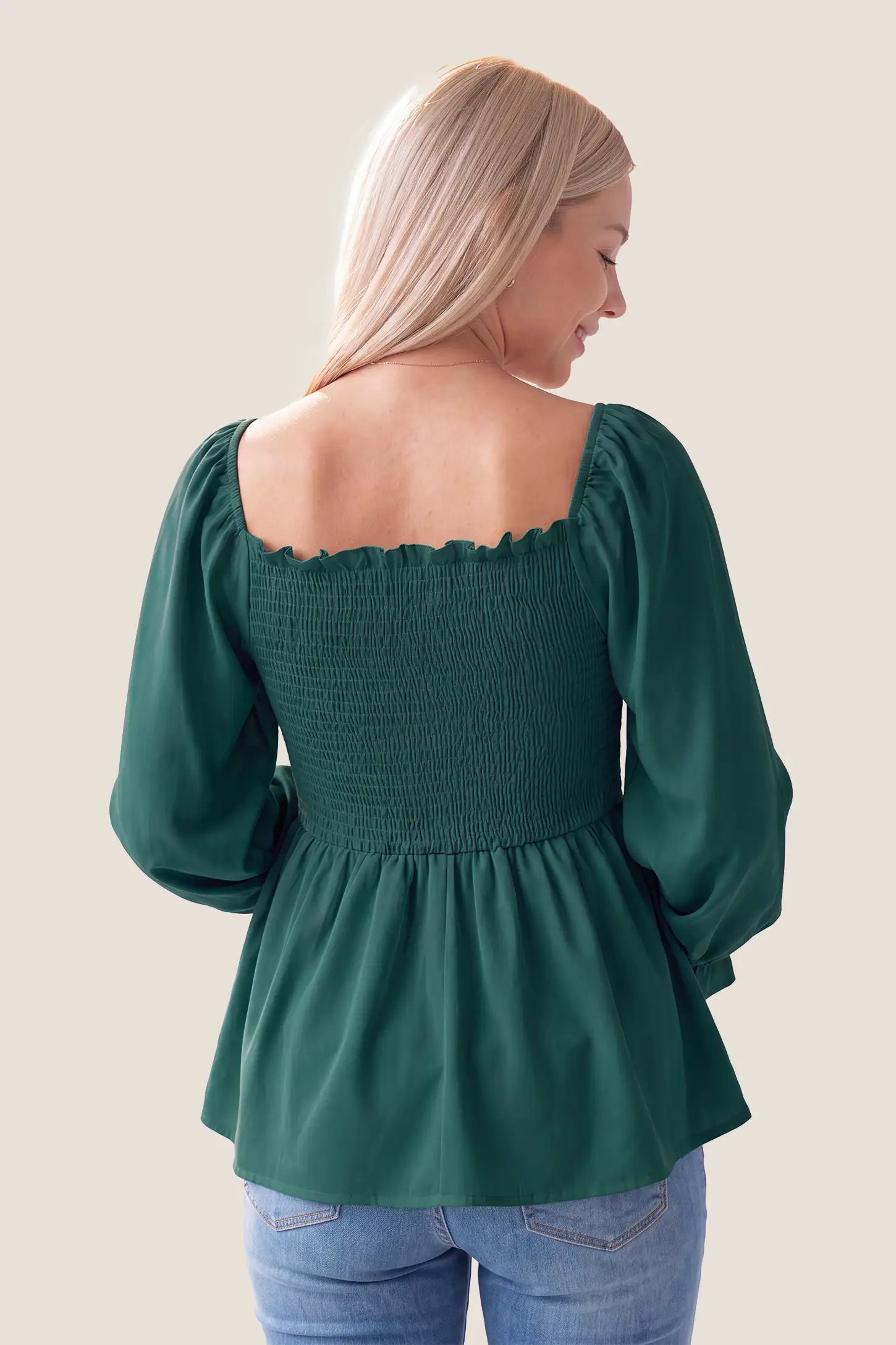 Smocked Convertible Neckline Bishop Sleeve Maternity Top