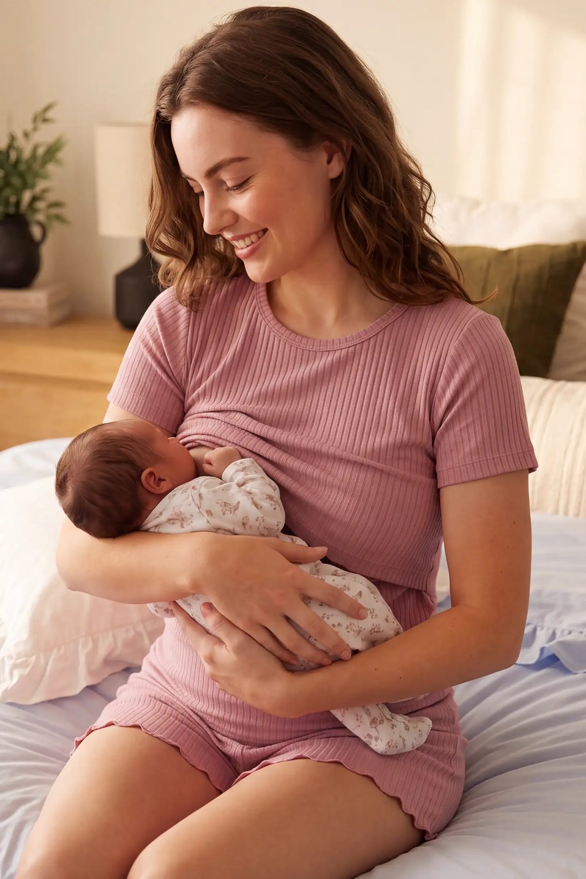 Ribbed Short Sleeve Top & Drawstring Shorts Maternity Nursing Lounge Set