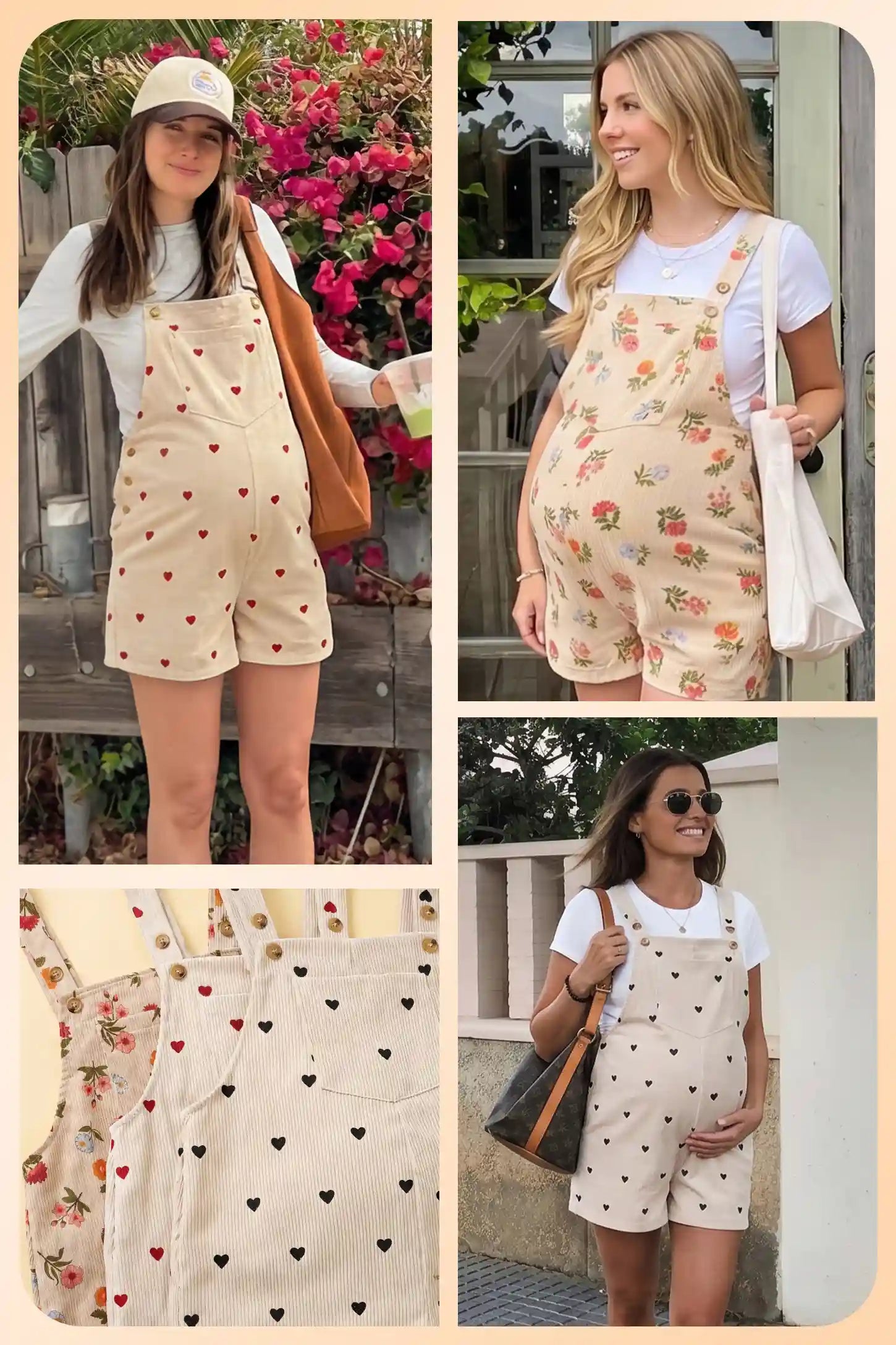 Adjustable Waist Front Pocket Maternity Short Overalls Collage of pregnant women wearing adjustable waist front pocket maternity short overalls in three prints: red heart on cream, vintage floral on beige, and black heart on white, styled with white tees and tote bags outdoors
