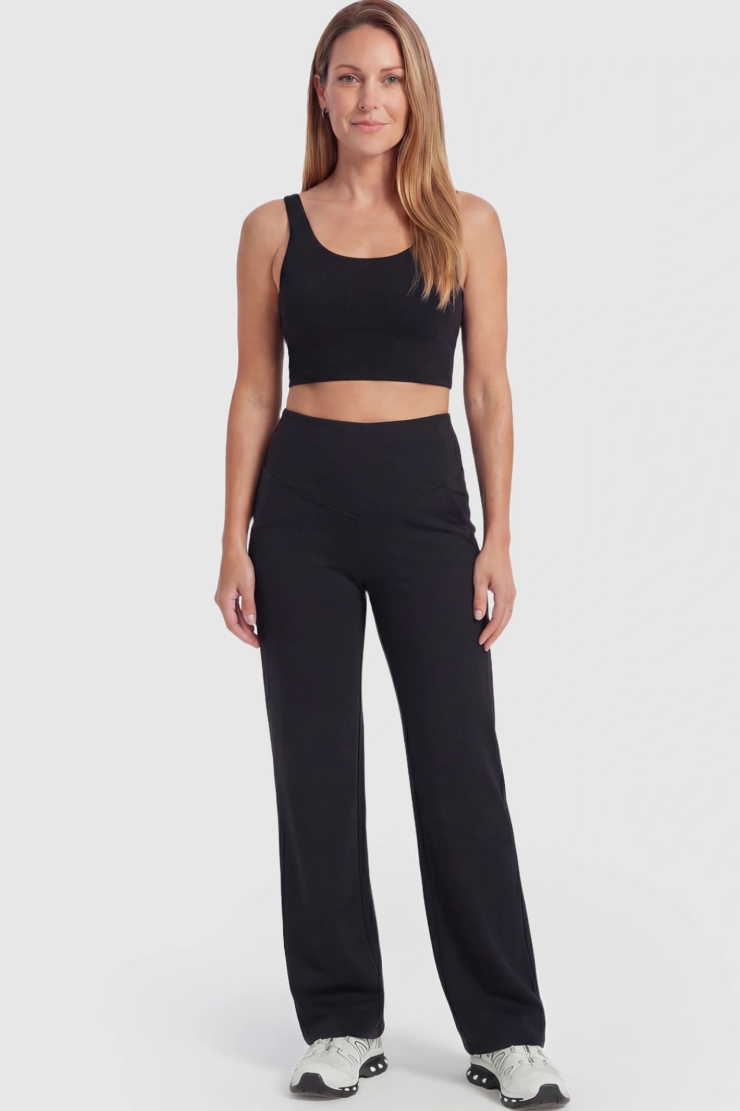 Full Panel High Waist Wide Leg Maternity Pants Full Panel High Waist Wide Leg Maternity Pants in Black featuring a supportive expansion-waist on a postpartum model facing front.