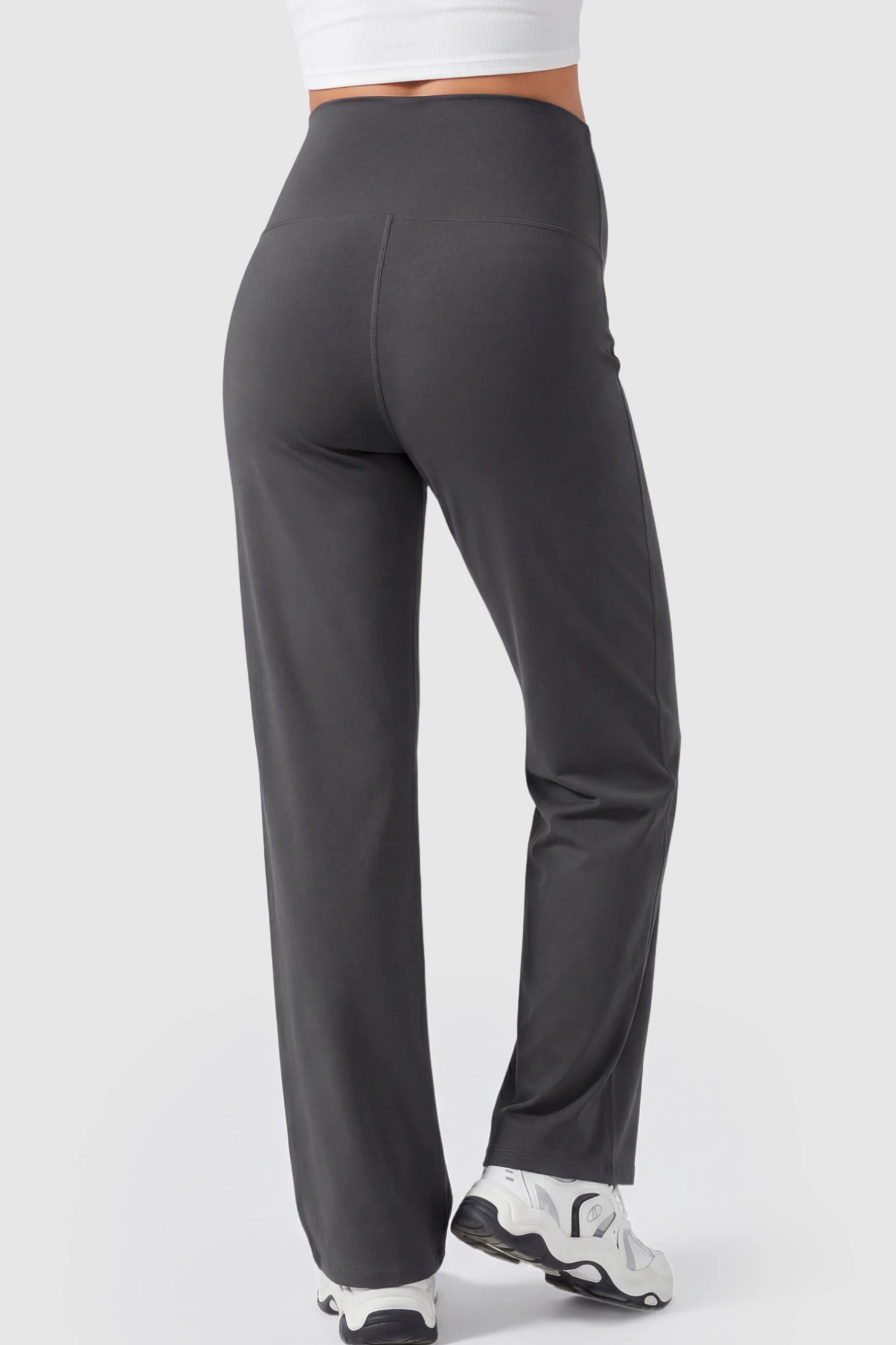 Full Panel High Waist Wide Leg Maternity Pants Full Panel High Waist Wide Leg Maternity Pants in Gray featuring a supportive expansion-waist on a pregnant model showing back.