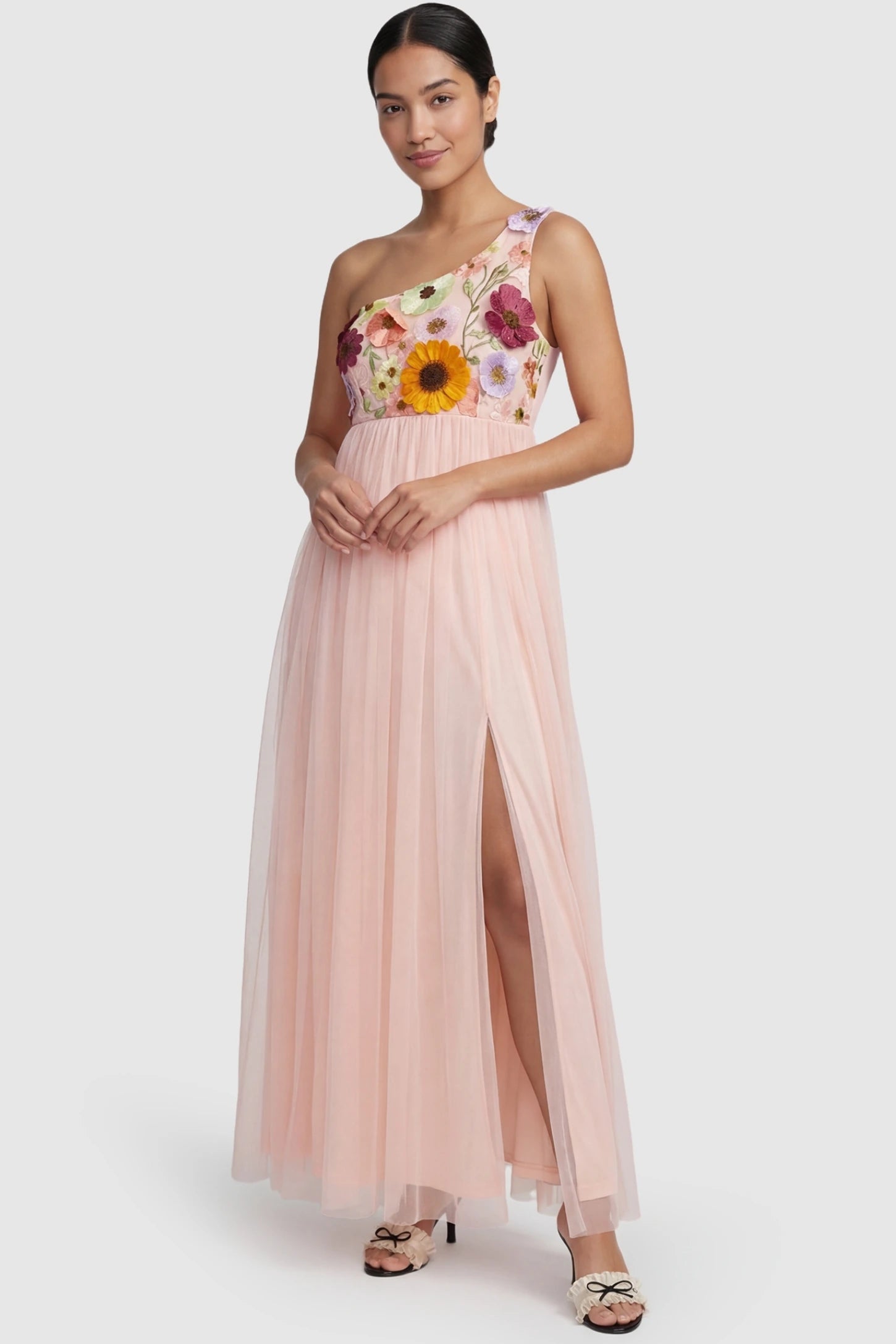 3D Floral One-Shoulder Maternity Gown 3D Floral One-Shoulder Maternity Gown in Pink featuring a high-slit tulle skirt on a non-pregnant model.