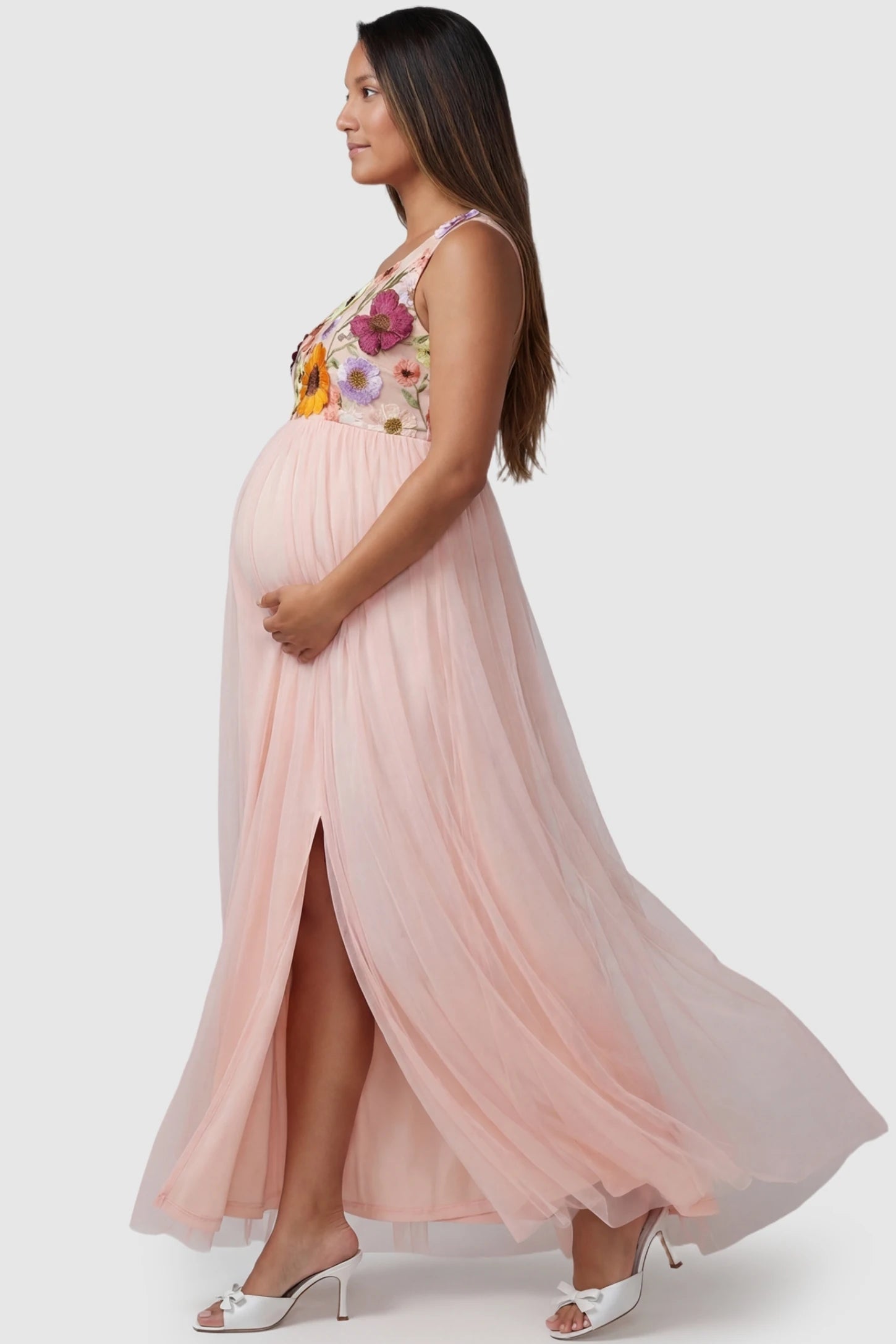 3D Floral One-Shoulder Maternity Gown in Pink featuring a floral bodice and mesh overlay on a non-pregnant model.
