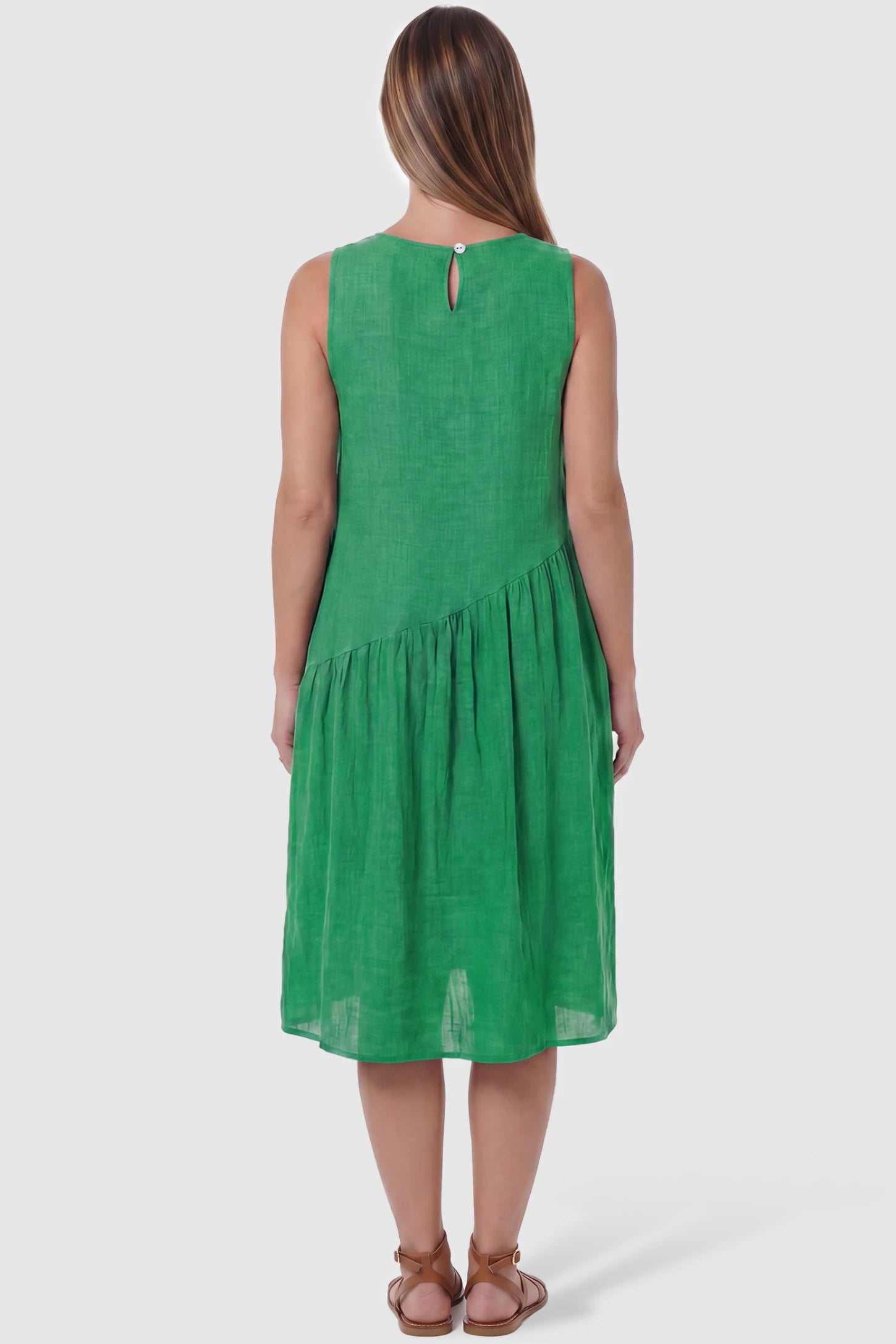 Sleeveless Pocketed A-Line Maternity Midi Dress Sleeveless pocketed A-line maternity midi dress in green with sleeveless cut, back view on pregnant model