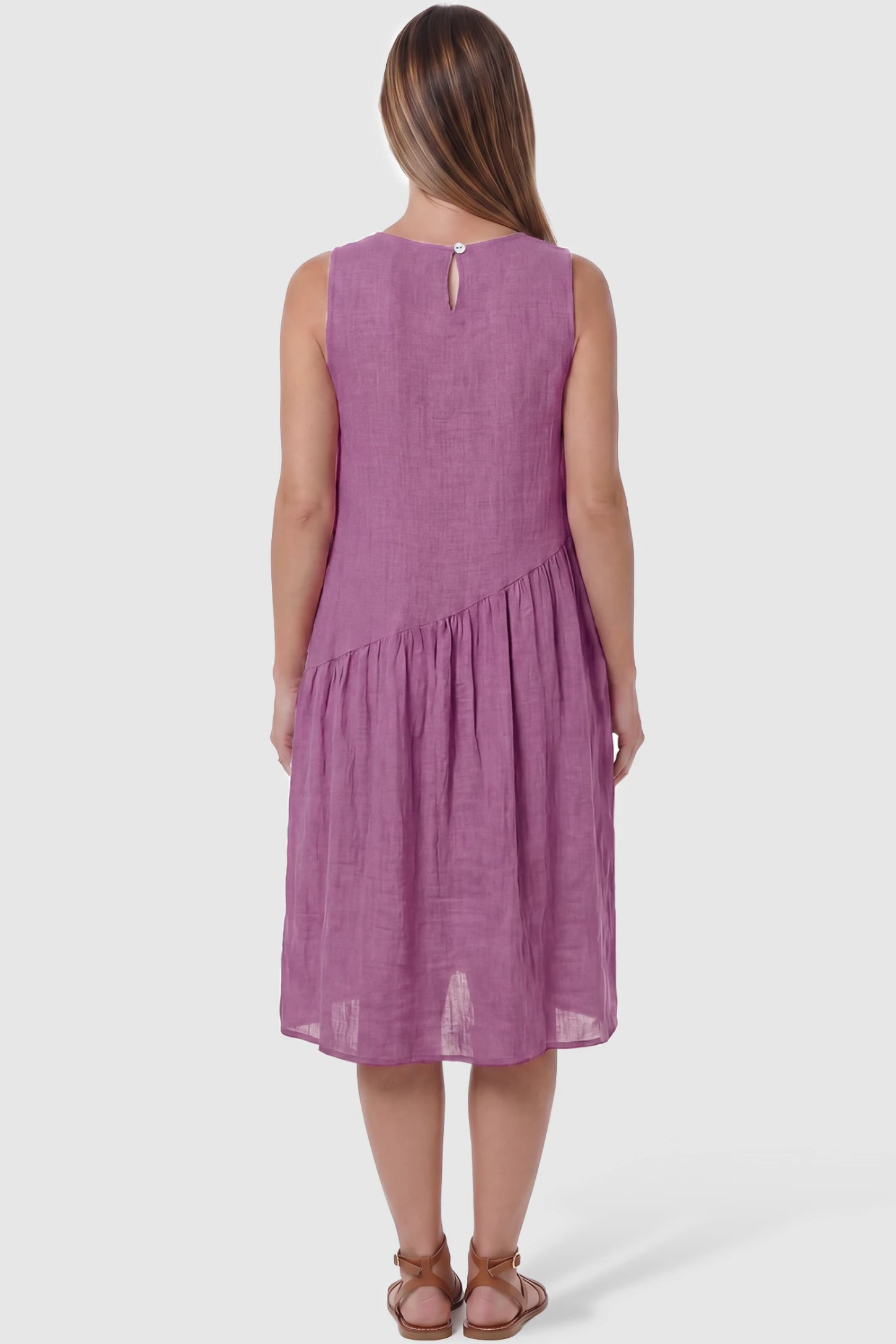 Sleeveless Pocketed A-Line Maternity Midi Dress Sleeveless pocketed A-line maternity midi dress in pink with sleeveless cut, back view on pregnant model