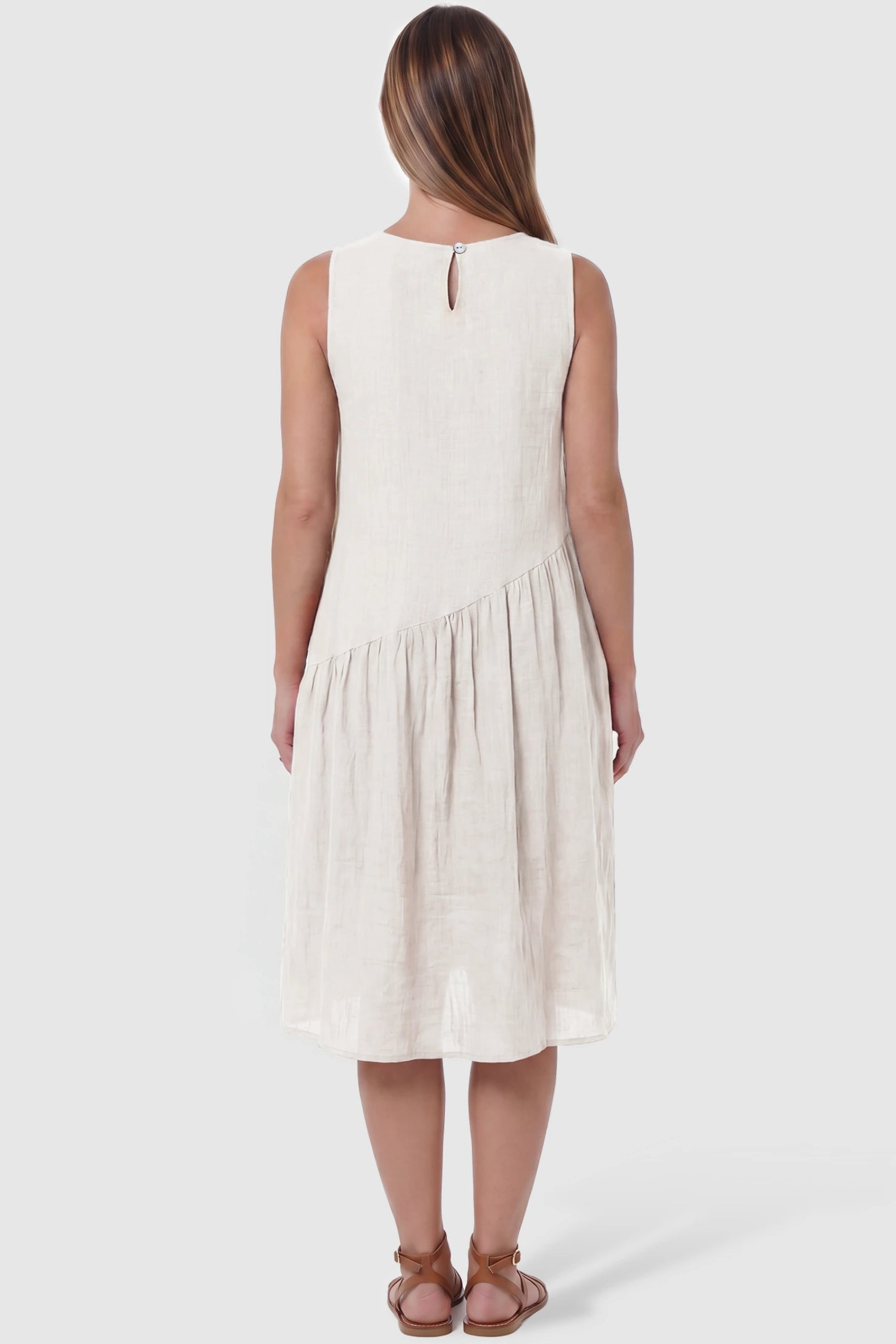 Sleeveless Pocketed A-Line Maternity Midi Dress Sleeveless pocketed A-line maternity midi dress in white with sleeveless cut, back view on pregnant model