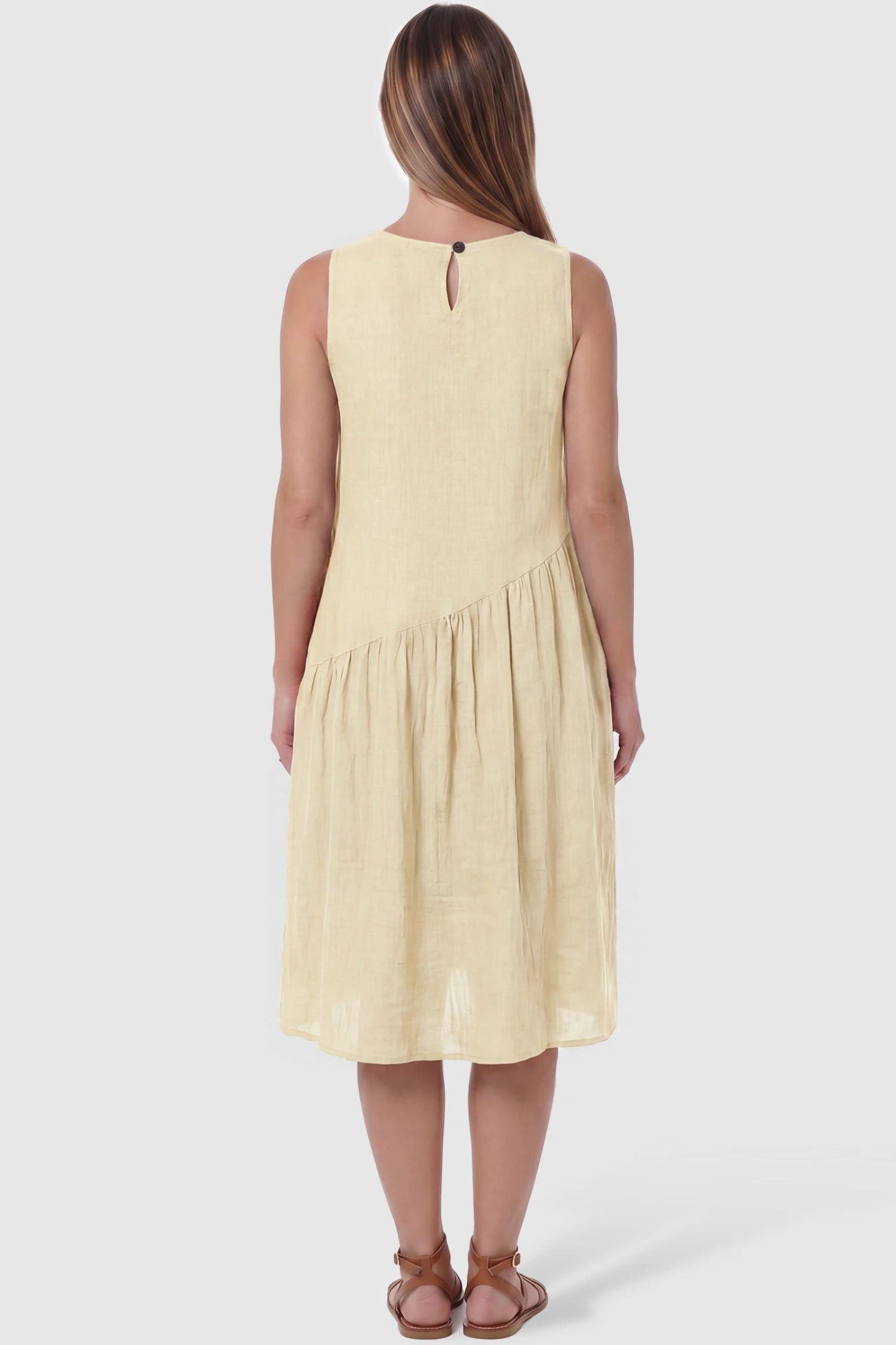 Sleeveless Pocketed A-Line Maternity Midi Dress Sleeveless pocketed A-line maternity midi dress in yellow with sleeveless cut, back view on pregnant model