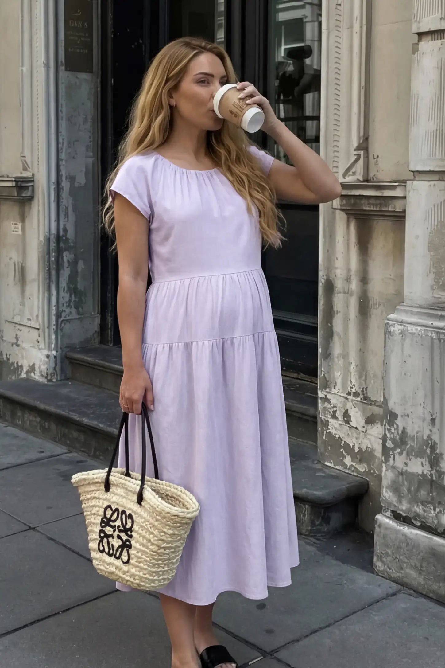 Adjustable Waist-Tie A-Line Maternity Midi Dress Adjustable waist-tie A-line maternity midi dress in light purple with short sleeves, front view on pregnant model