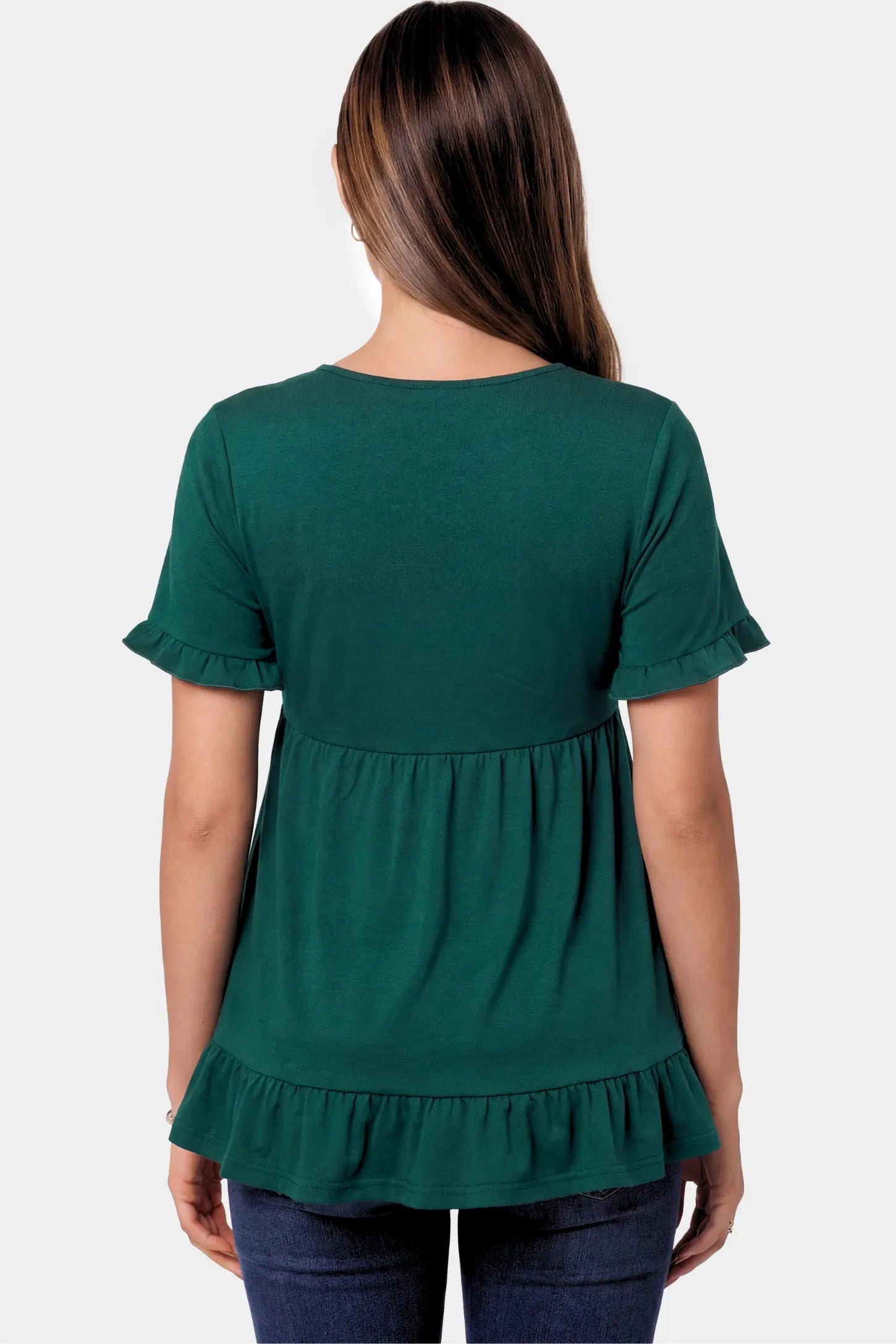 Crew Neck Babydoll Maternity Top Crew Neck Babydoll Maternity Top in dark green featuring an empire waist and flutter sleeves on a pregnant model.
