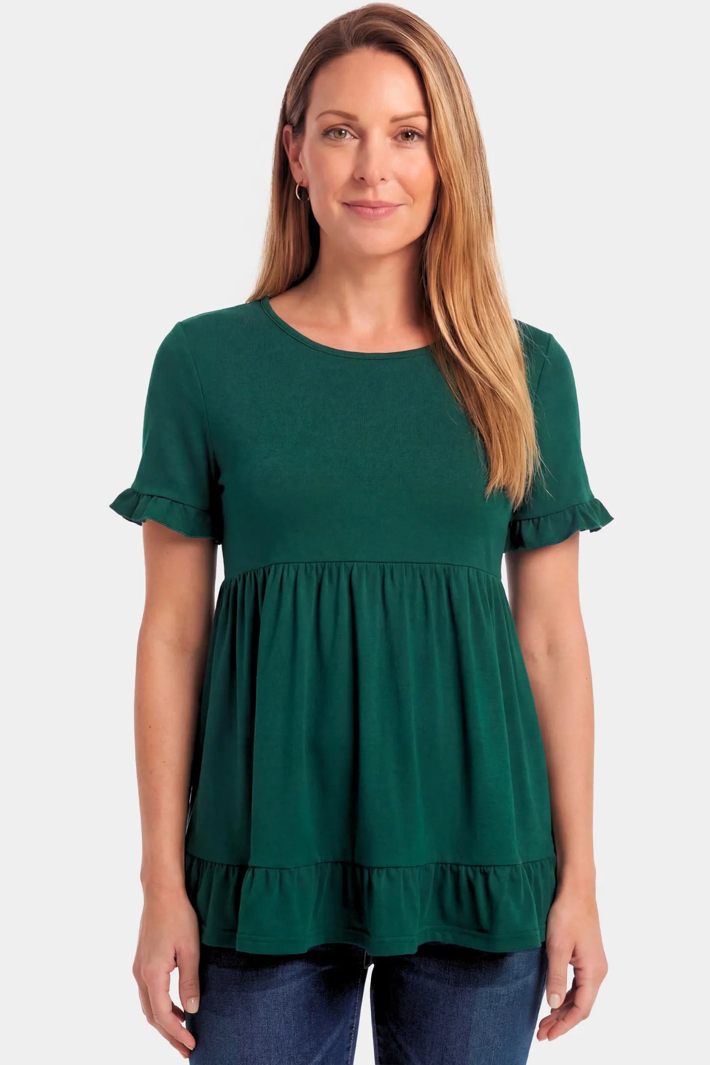 Crew Neck Babydoll Maternity Top Crew Neck Babydoll Maternity Top in dark green featuring an empire waist and flutter sleeves on a non pregnant model.