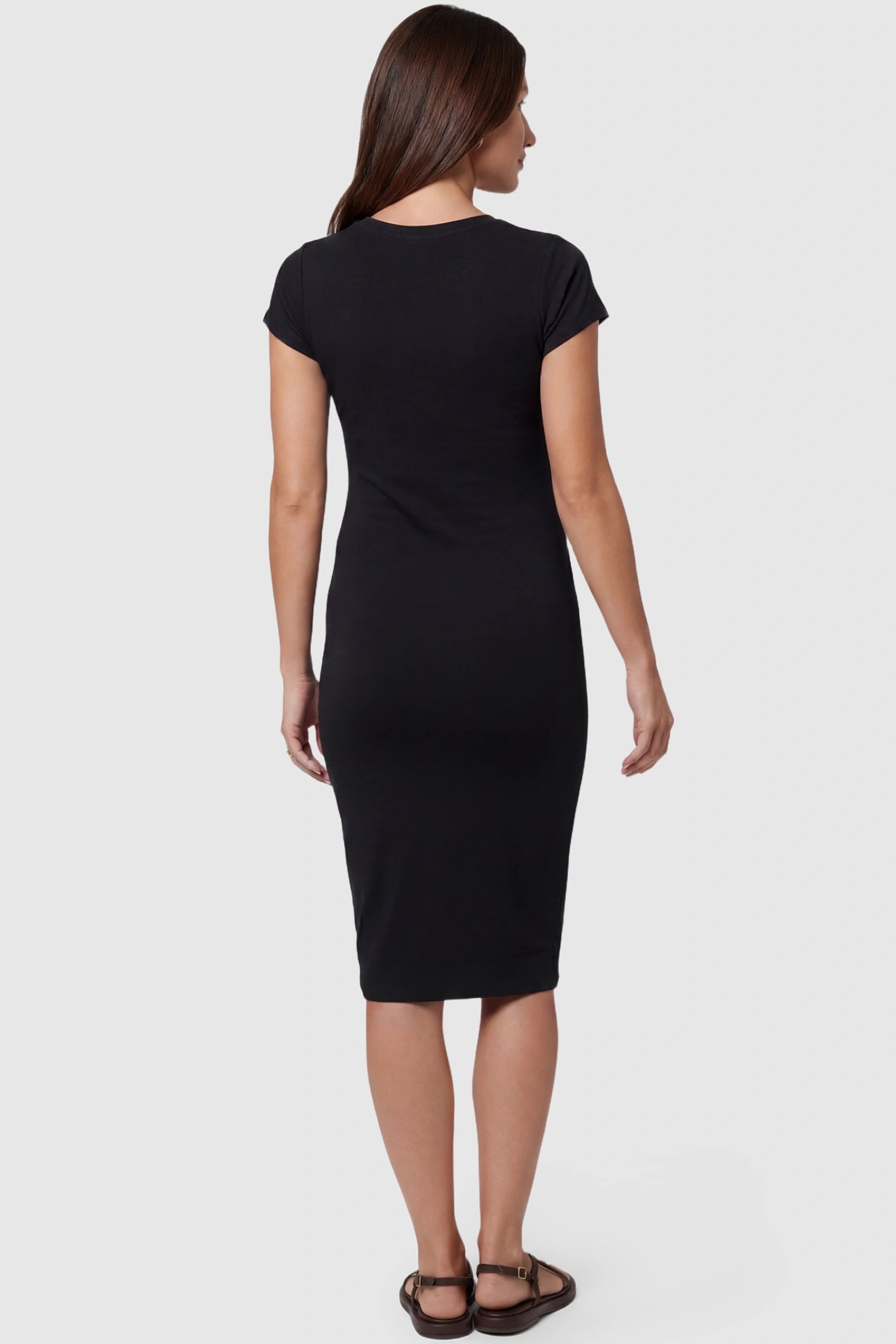 Basic Round Neck Maternity Midi Dress Basic round neck maternity midi dress in black with short sleeves, back view on pregnant model