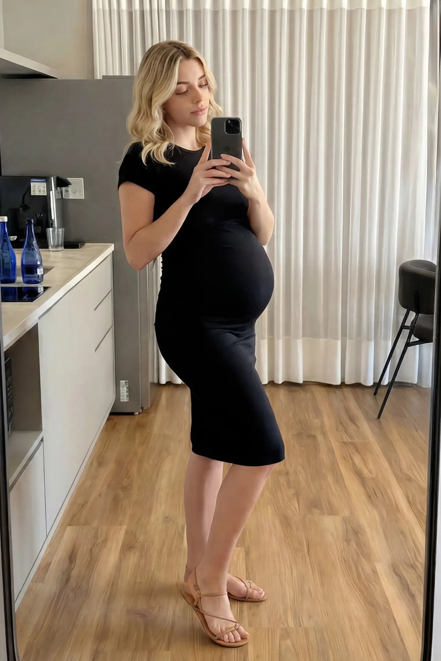 Basic Round Neck Maternity Midi Dress Basic round neck maternity midi dress in black with classic round neckline and side ruching, UGC mirror selfie view