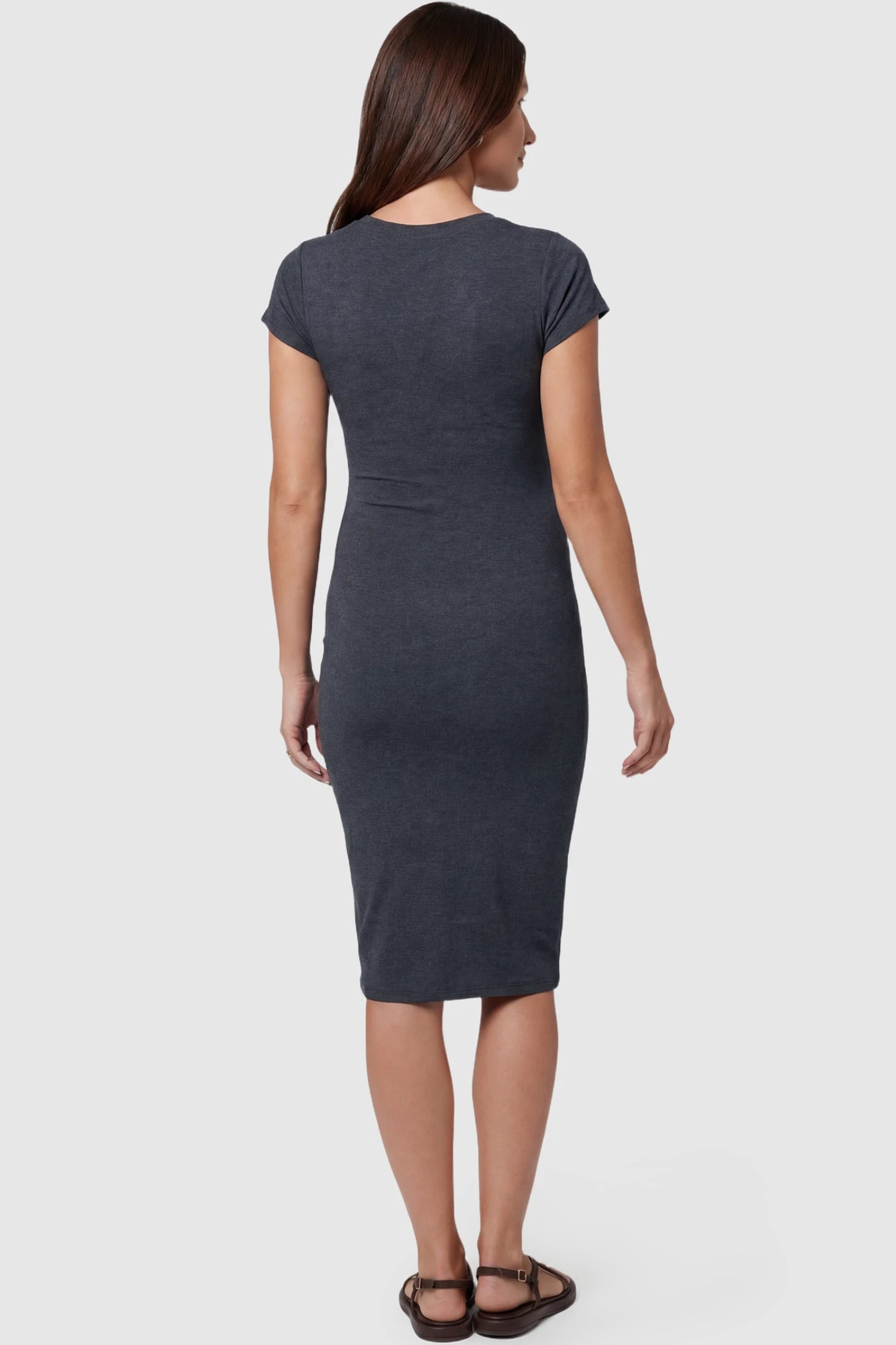 Basic Round Neck Maternity Midi Dress Basic round neck maternity midi dress in dark grey with short sleeves, back view on pregnant model