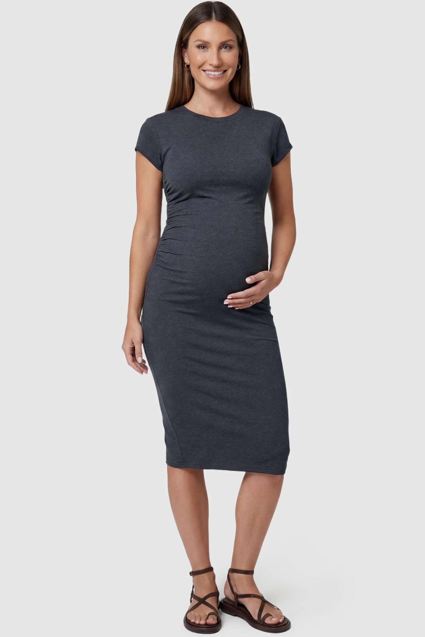 Basic Round Neck Maternity Midi Dress Basic round neck maternity midi dress in dark grey with classic round neckline, front view on pregnant model