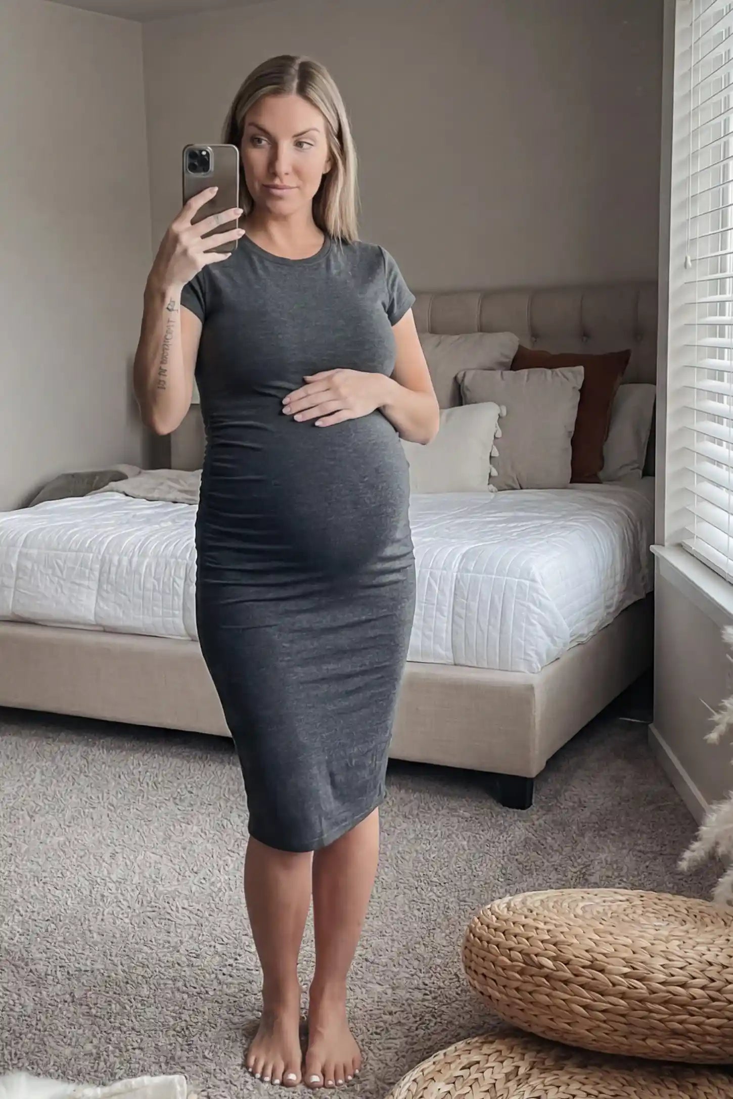 Basic Round Neck Maternity Midi Dress Basic round neck maternity midi dress in dark grey with classic round neckline and side ruching, UGC mirror selfie view