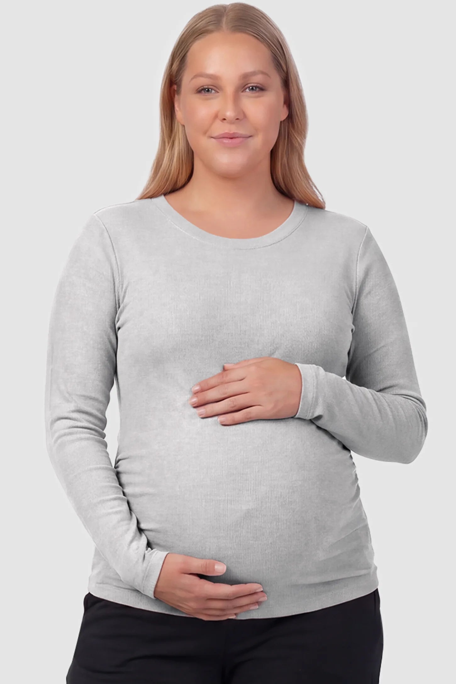 Basic Long Sleeve Maternity Top Basic Long Sleeve Maternity Top in gray featuring a soft crew neck and lightweight stretch fabric on a plus size pregnant model, front view