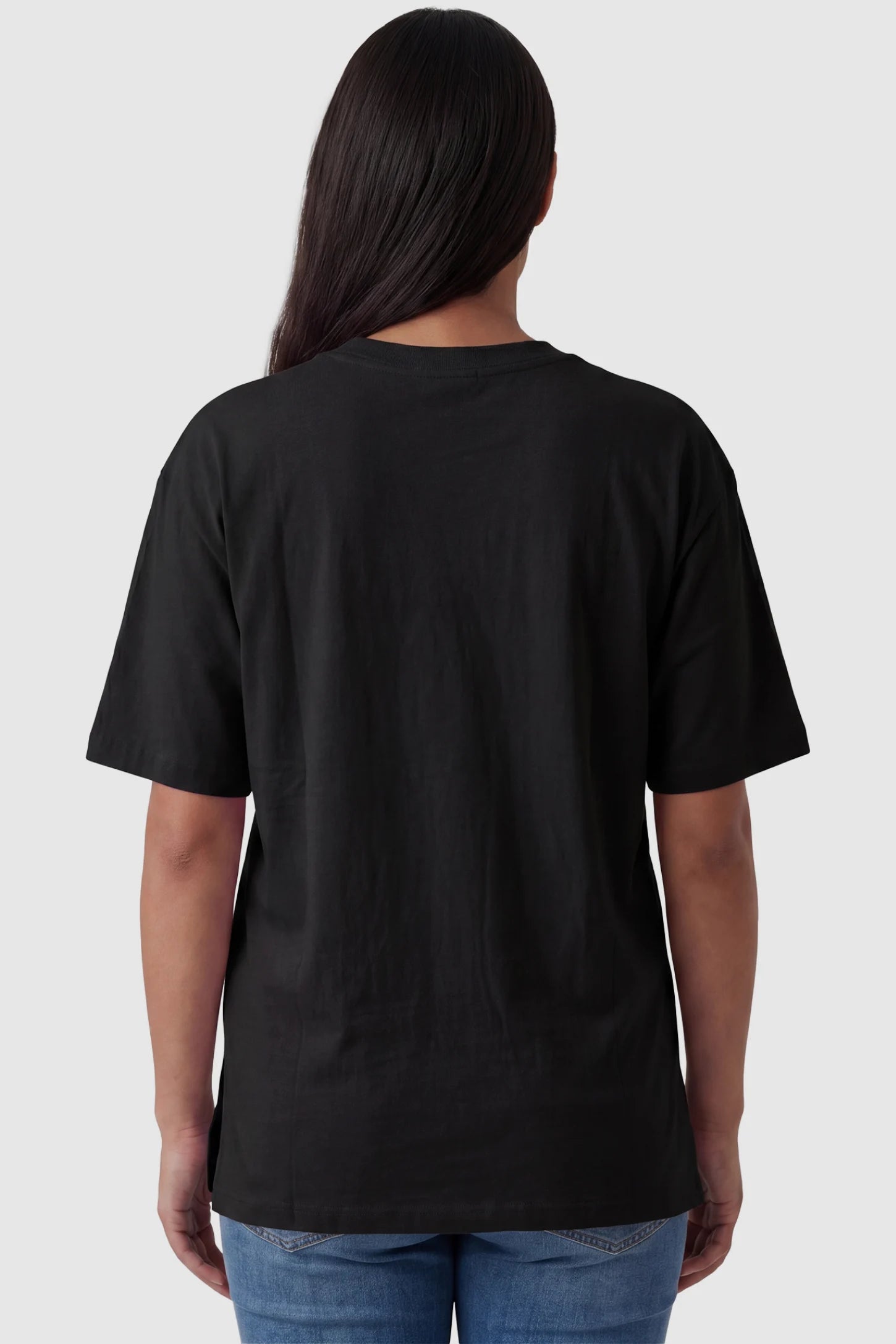 Basic One-Sided Slit Short Sleeve Maternity Top Basic one-sided slit short sleeve maternity top in black with classic short sleeves, back view on pregnant model