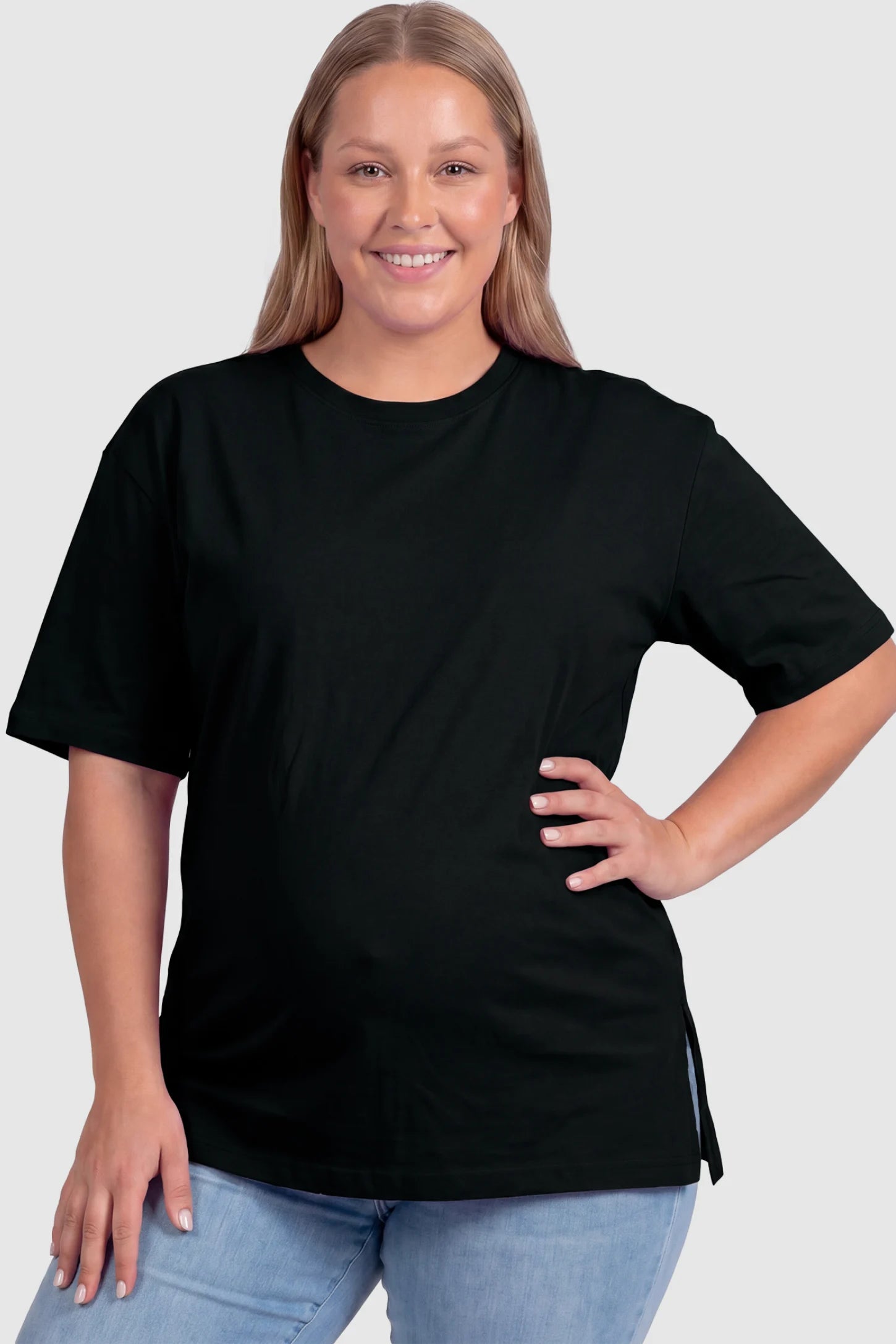 Basic One-Sided Slit Short Sleeve Maternity Top Basic one-sided slit short sleeve maternity top in black with classic round neckline, front view on plus-size model