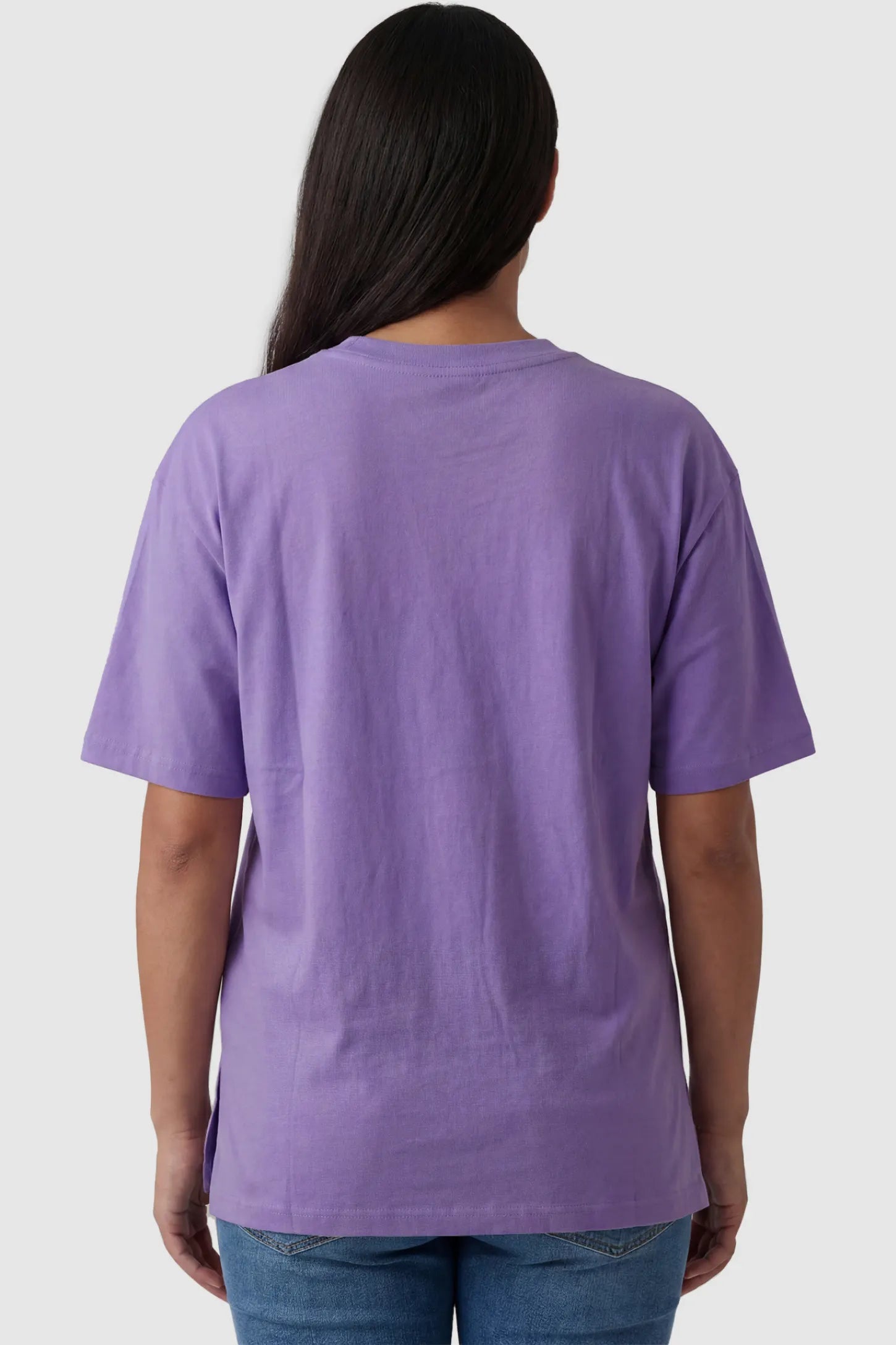 Basic One-Sided Slit Short Sleeve Maternity Top Basic one-sided slit short sleeve maternity top in purple with classic short sleeves, back view on pregnant model