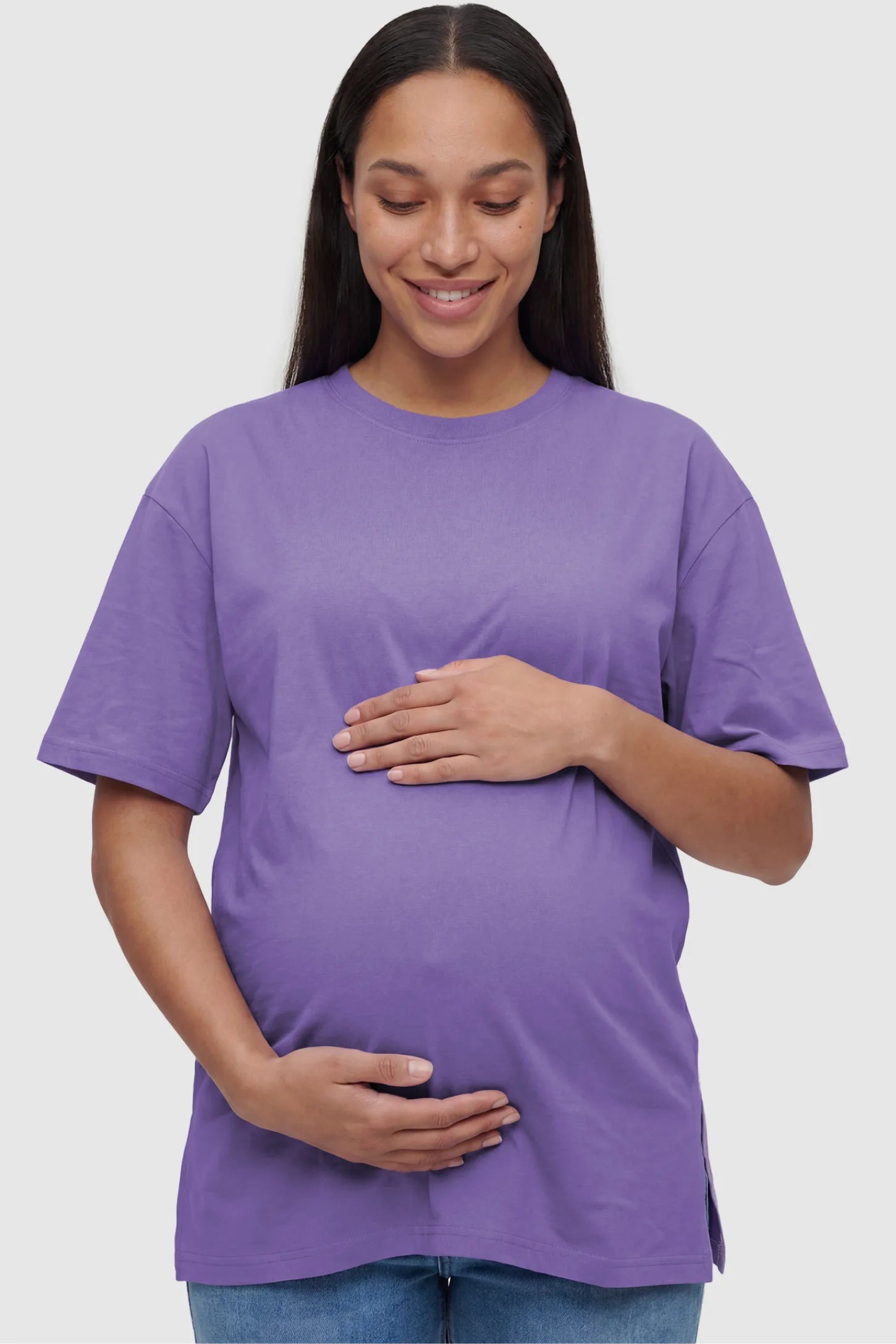 Basic One-Sided Slit Short Sleeve Maternity Top Basic one-sided slit short sleeve maternity top in purple with classic round neckline, front view on pregnant model