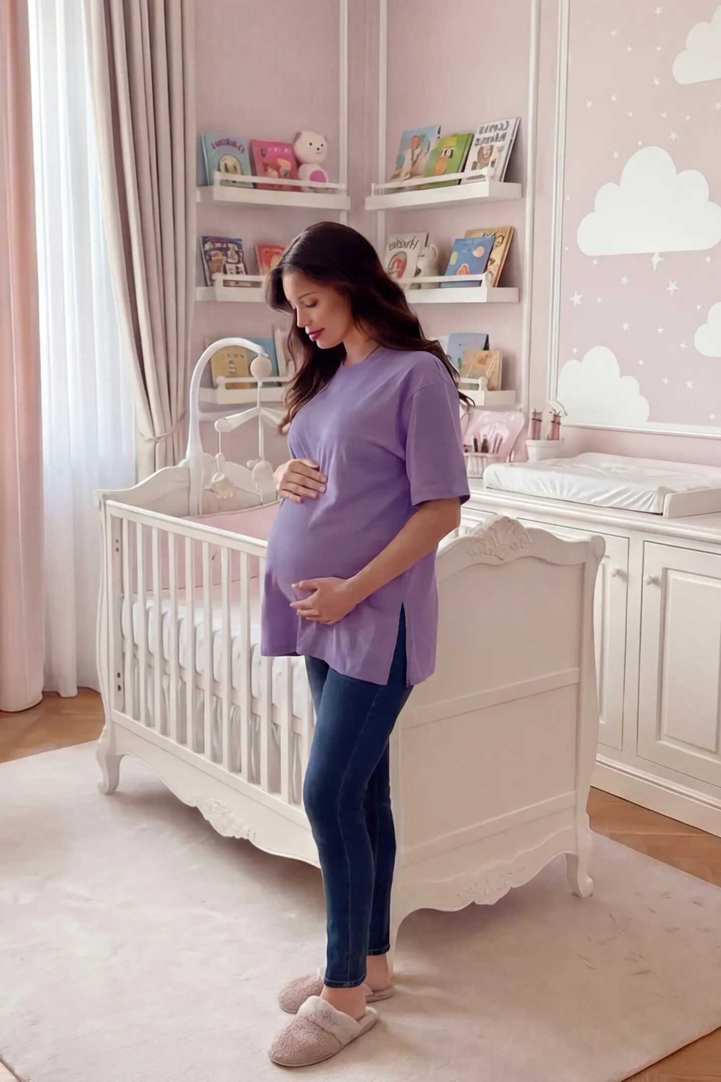 Basic One-Sided Slit Short Sleeve Maternity Top Basic one-sided slit short sleeve maternity top in purple with classic round neckline, side view on pregnant model