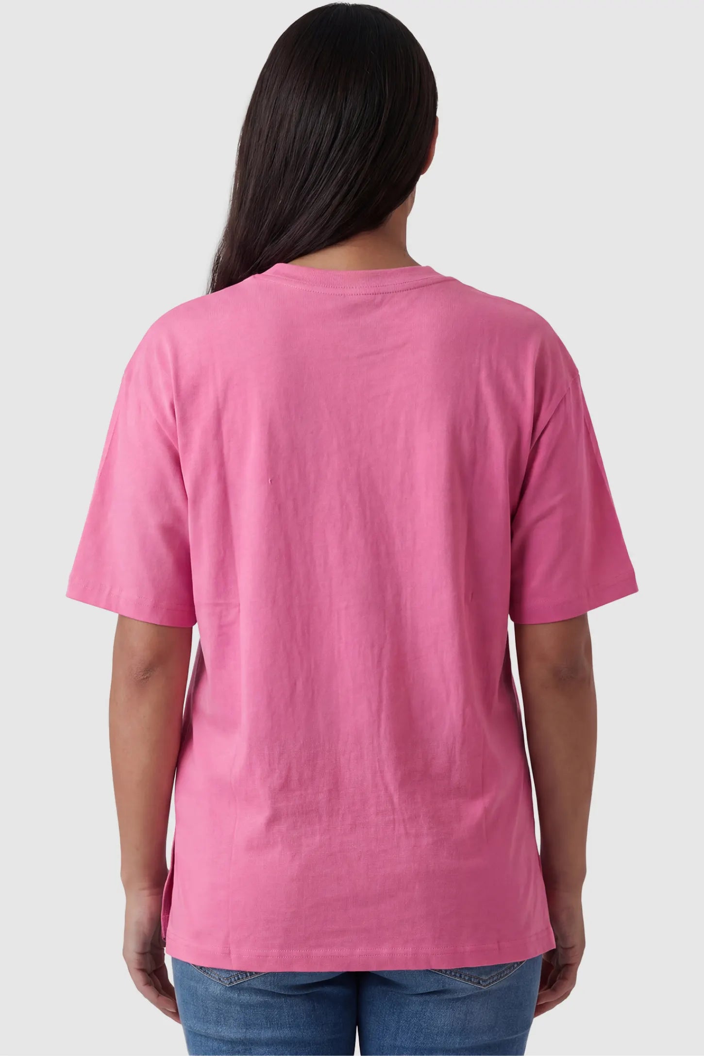 Basic One-Sided Slit Short Sleeve Maternity Top Basic one-sided slit short sleeve maternity top in rose red with classic short sleeves, back view on pregnant model