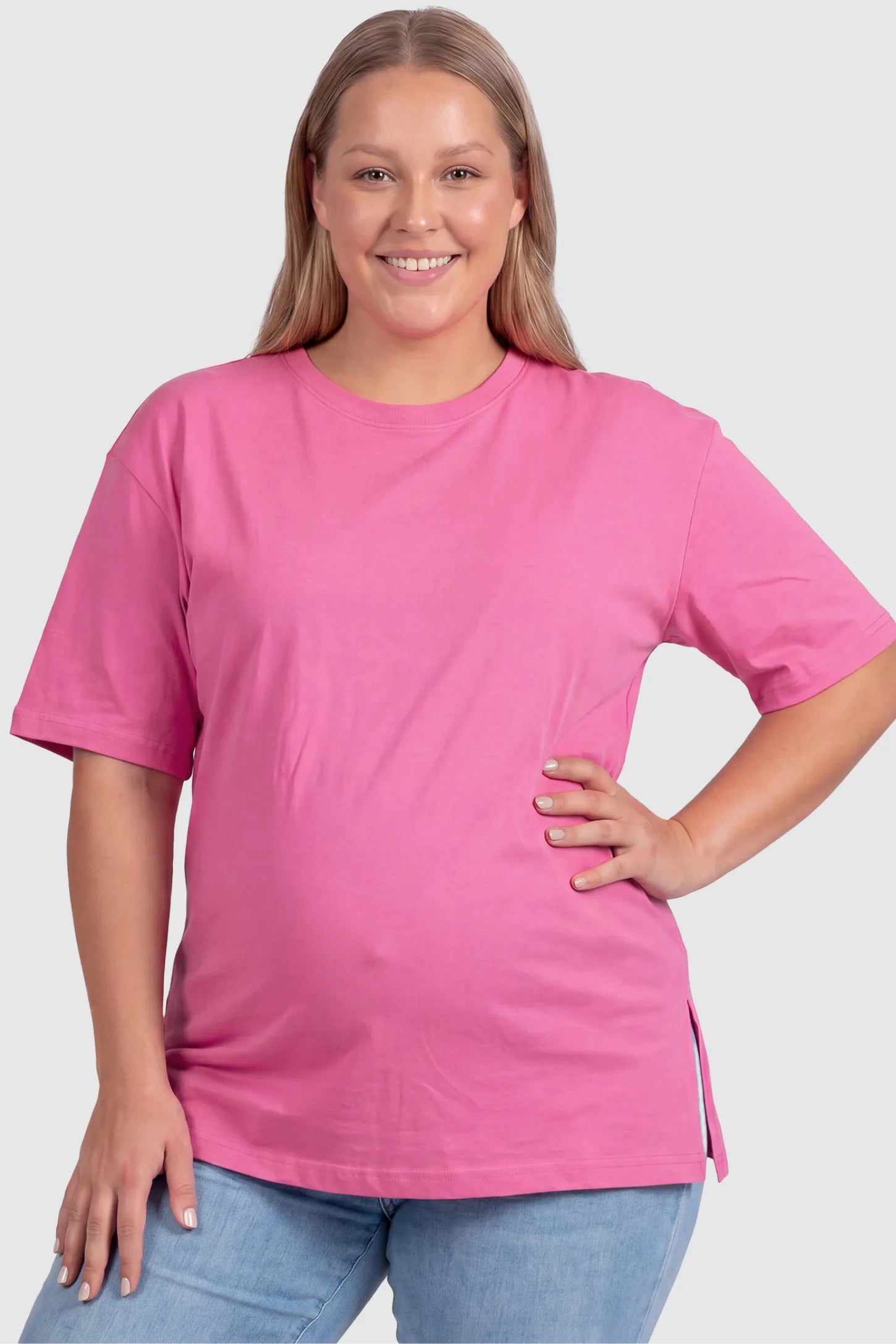Basic One-Sided Slit Short Sleeve Maternity Top Basic one-sided slit short sleeve maternity top in rose red with classic round neckline, front view on plus-size model