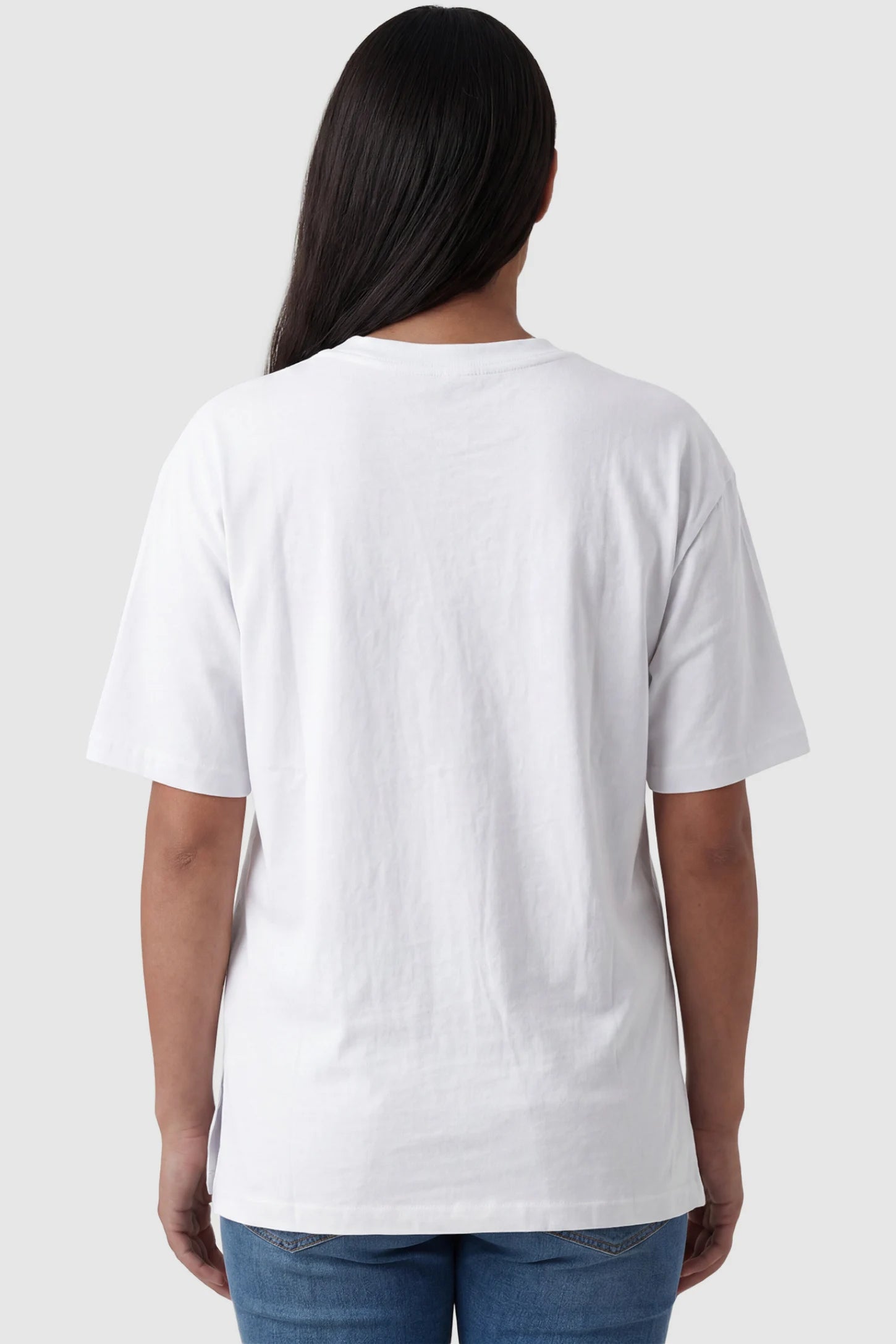 Basic One-Sided Slit Short Sleeve Maternity Top Basic one-sided slit short sleeve maternity top in white with classic short sleeves, back view on pregnant model